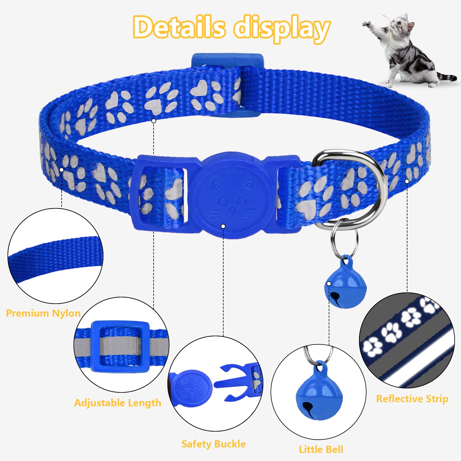 Taglory Reflective Cat Collars Breakaway With Bell, 2 Pack Girl Boy Pet Kitten Collar Adjustable 6-8 Inch, Navyblue