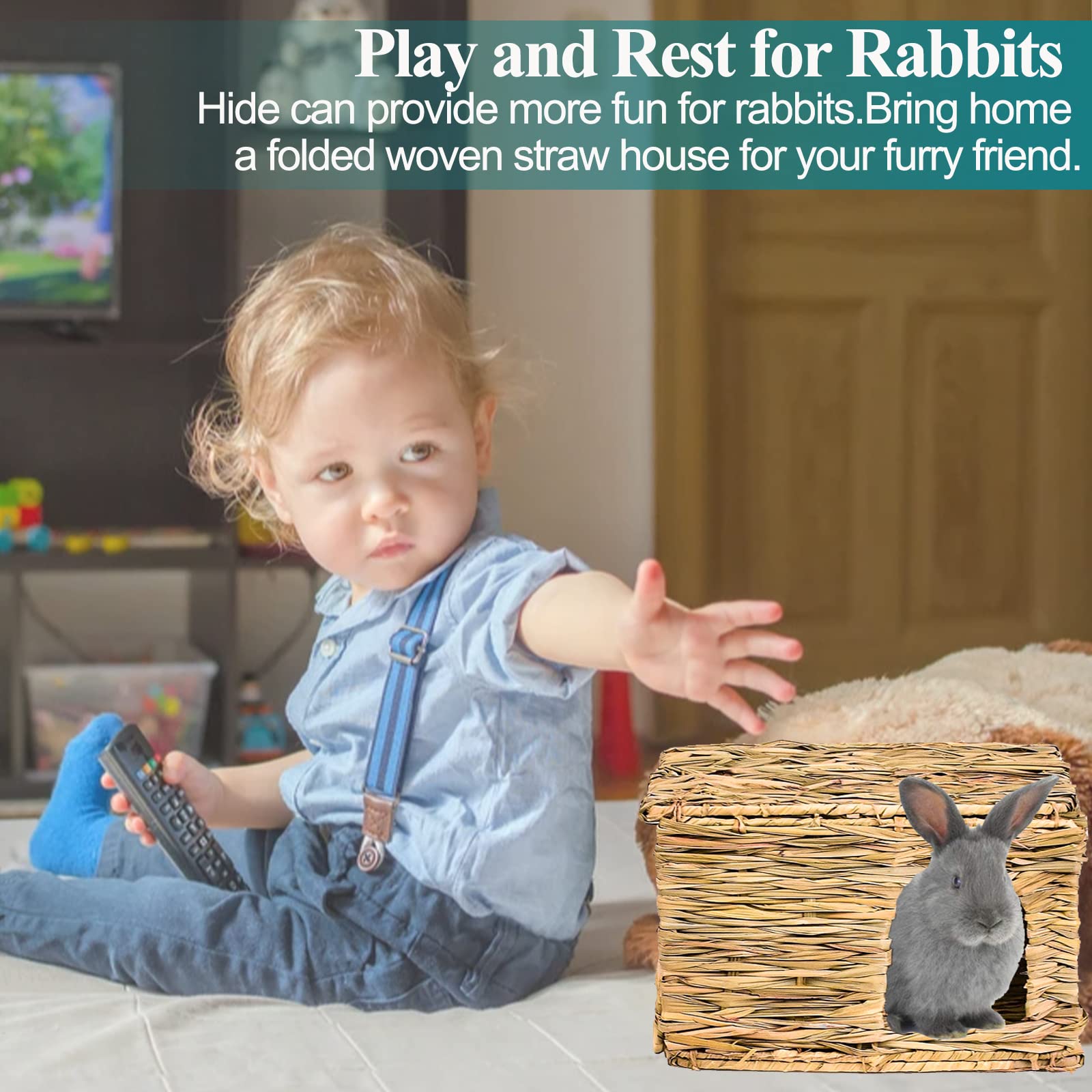 Hercocci Extra Large Grass House For Rabbit, Foldable & Comfortable - Small Animal Hut Play Hideaway Bed Hay Mat Chew Toy For Bu