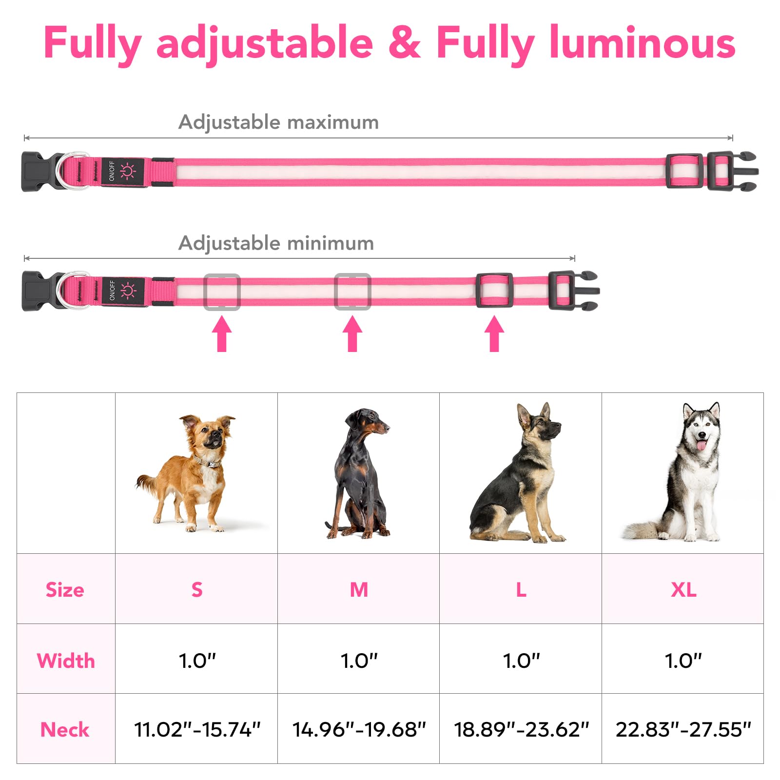 Vizpet Led Dog Collar, Light Up Dog Collar Adjustable Usb Rechargeable Super Bright Safety Light Glowing Collars For Dogs (Medium, Pink)