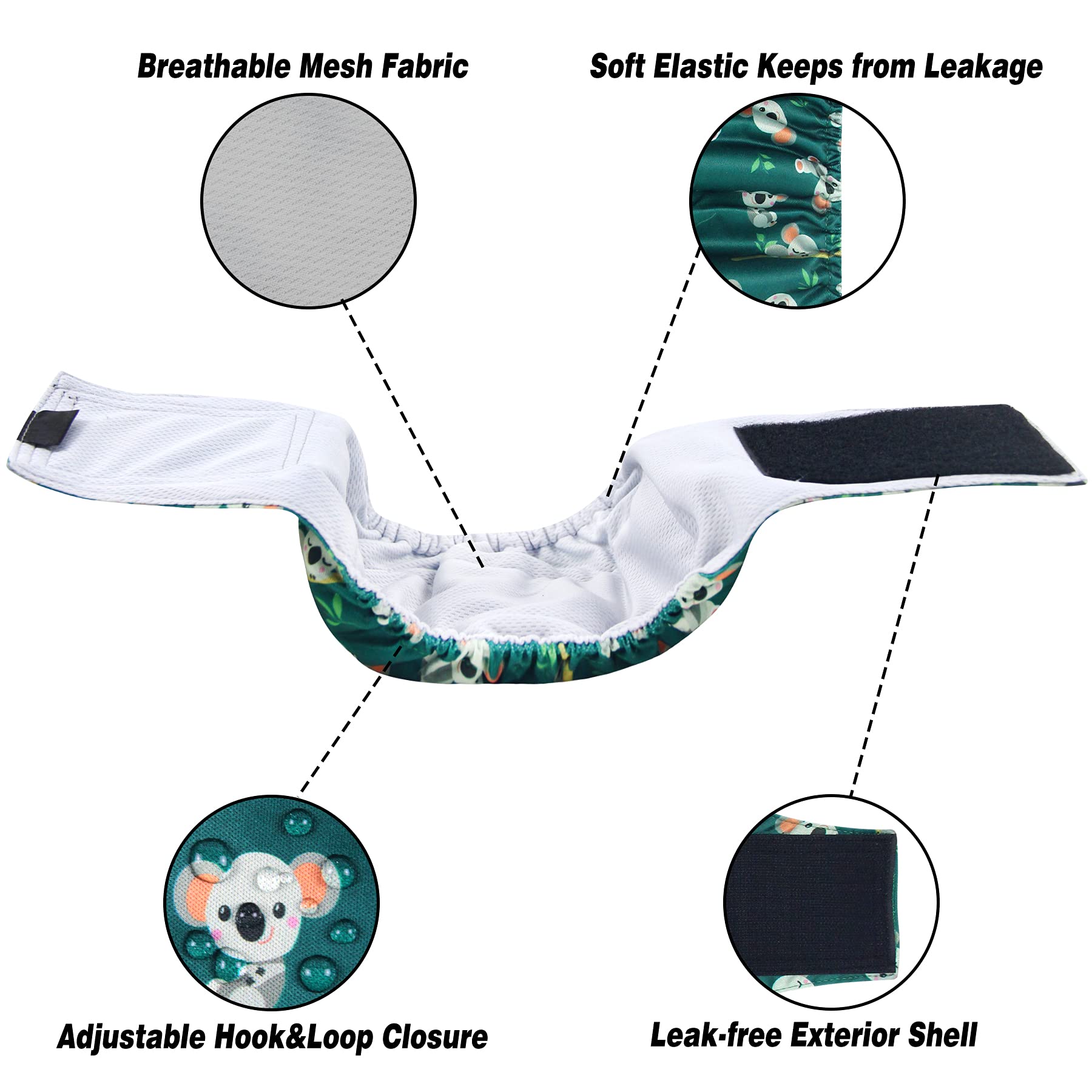 Leekalos Male Dog Diapers, Washable Belly Bands, Medium, Koala Color, High Absorption, Model LK-GGM-KL-1 (3 Pack)