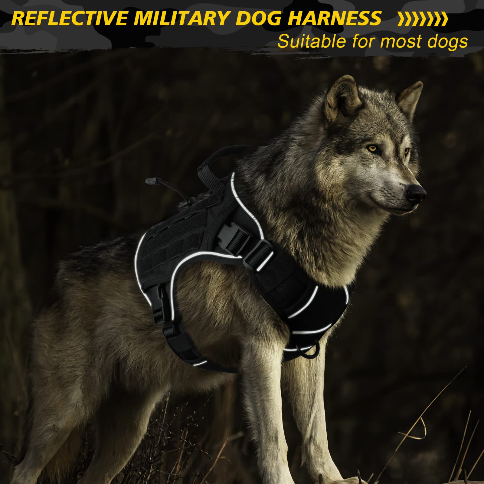 Wingoin Black Tactical Dog Harness For Large Dogs No Pull Adjustable Reflective Military Pet Harness With Easy Control Handle With Hook & Loop Panels For Walking Hiking Training(Xl)
