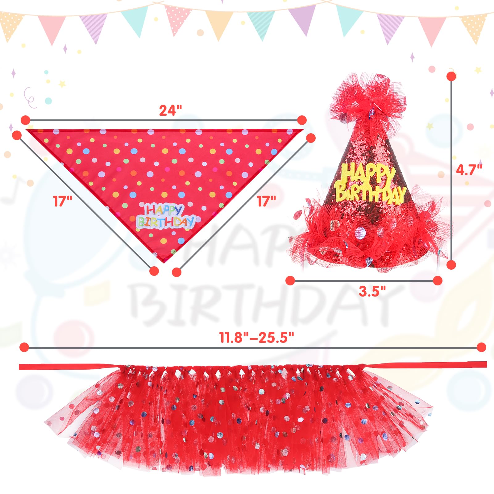 SCENEREAL Dog Birthday Bandana Set with Hat & Tutu Skirt, Red, Small Dogs, Polyester