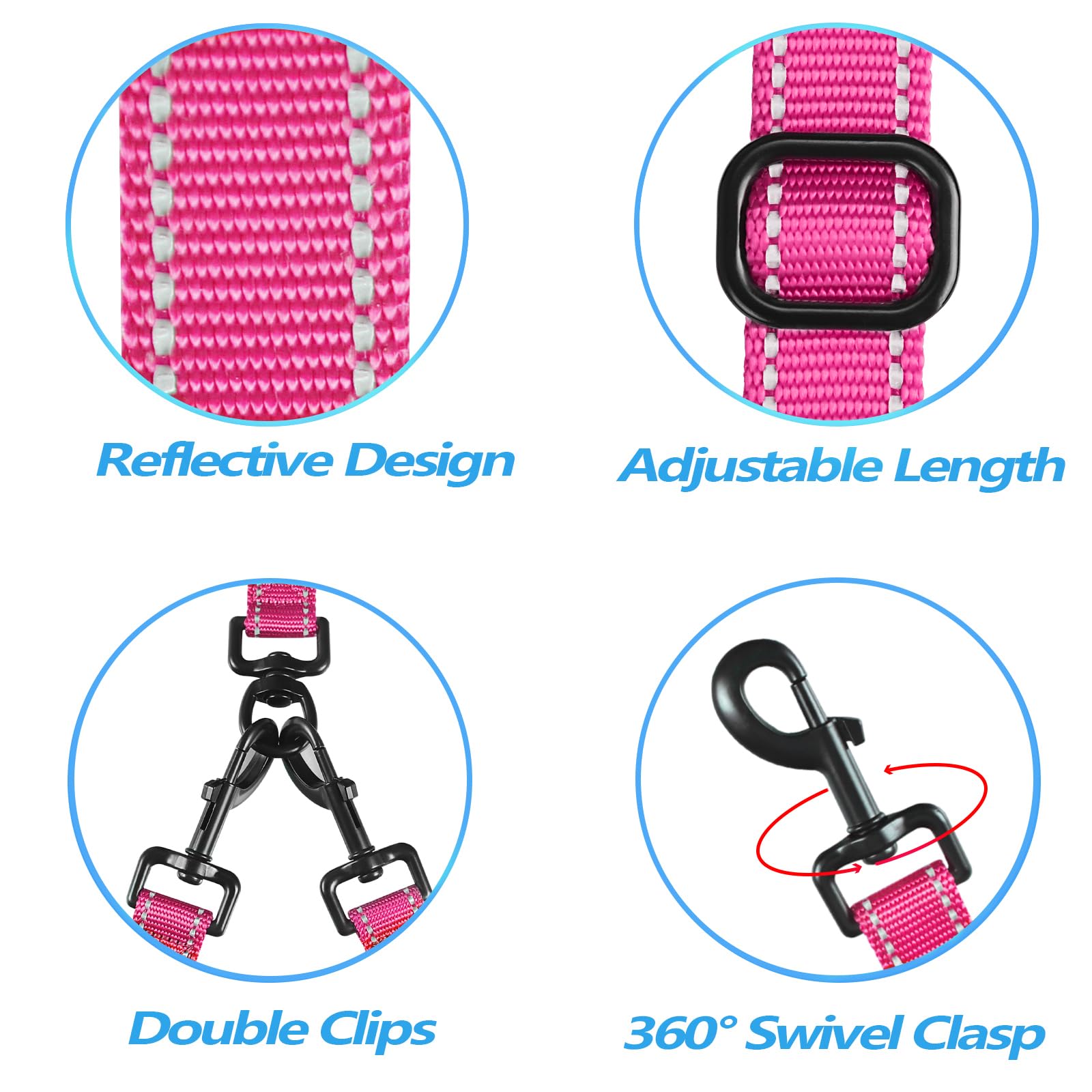 Petbonus Double Dog Leash, No Tangle Dual Dog Leash, Reflective Walking Training Leash, 4 Comfortable Padded Handles For 2 Dogs With Collapsible Bowl And Waste Bags Dispenser (Pink, Large)
