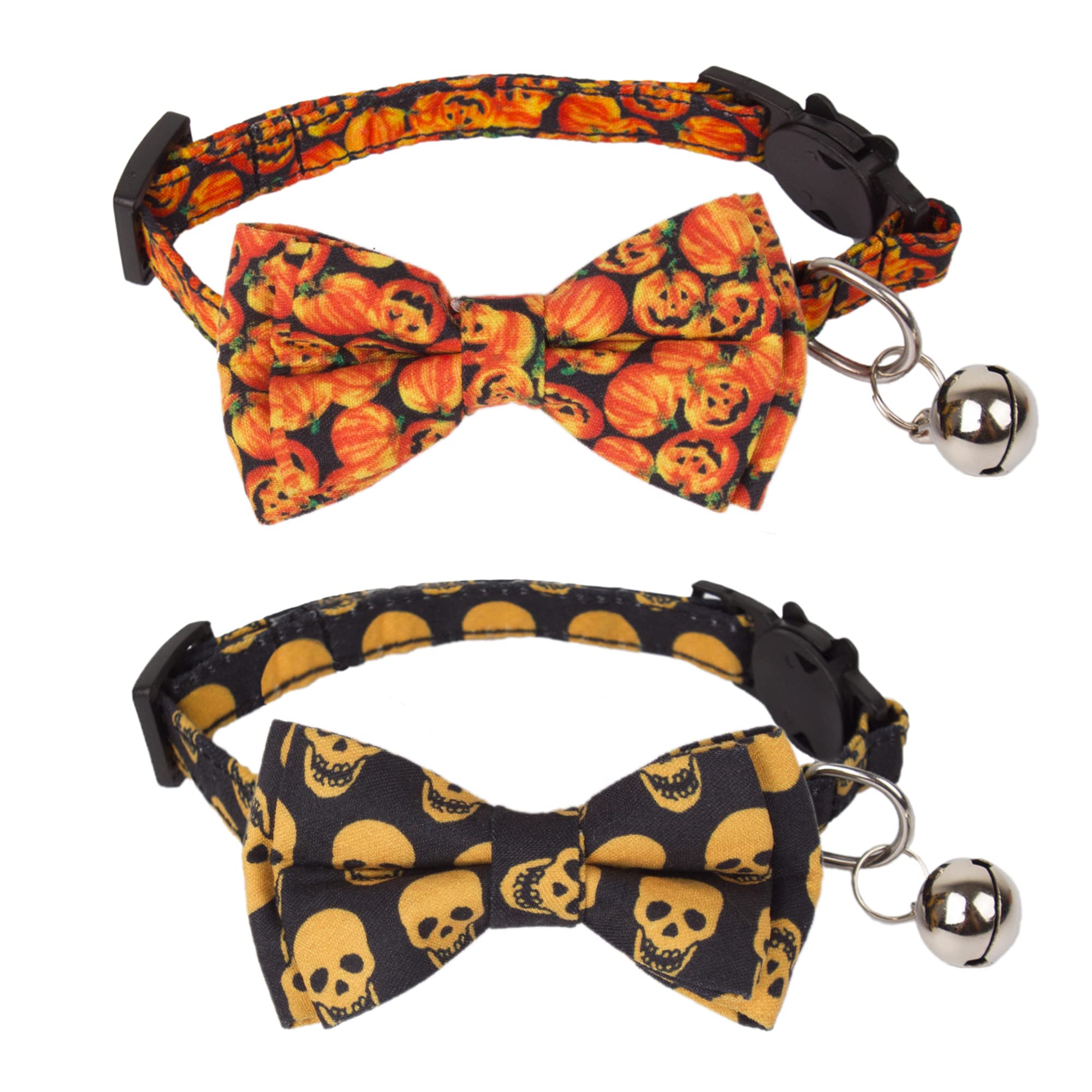 Adoggygo Halloween Cat Collar Breakaway With Bowtie Bell - 2 Pack Kitten Collar Skull Pumpkin Cat Collars With Removable Bowtie Cat Bow Collar For Cat Kitten (Halloween)