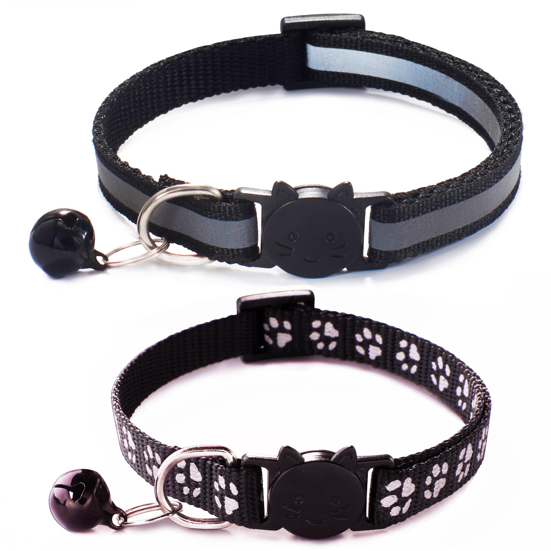 Black Reflective Cat Collar With Bells, [2 Pack] Break Away Kitten Collar With Bells, Breakaway Cat Collar For Boy Cats Kitty