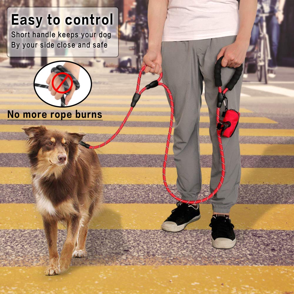 Plutue Pet Rope Dog Leash 6Ft Long,Traffic Padded Two Handle,Heavy Duty,Reflective Double Handles Lead For Control Safety Training,Leashes For Large Dogs Or Medium Dogs,Dual Handles Leads(Red)