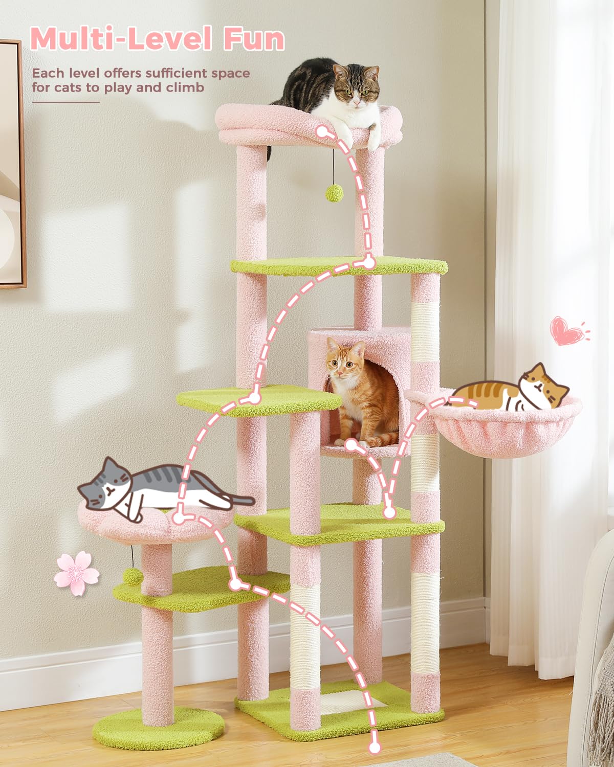 Muttros 59 Flower Cat Tree, Tall Cat Tree For Large Cat, Multi-Level Cat Tower, Cute Cat Tree For Indoor Cats, Cat Condo With