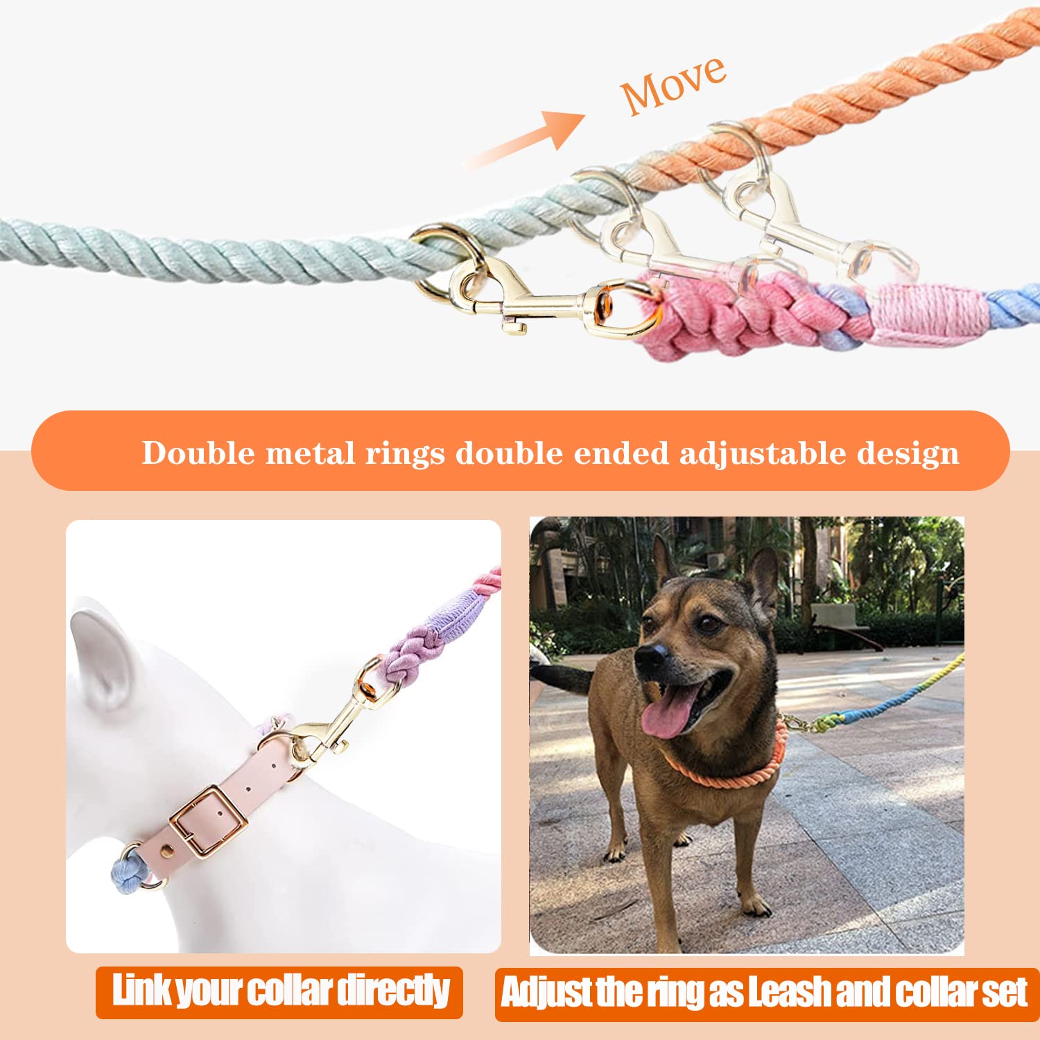 Tesitehi Multifunctional Rope Dog Leash 7.5 Ft With Adjustable Double Swivel Hook Hands Free For Small Medium And Large Dogs Running Hiking Camping Walking (Silent Grey)