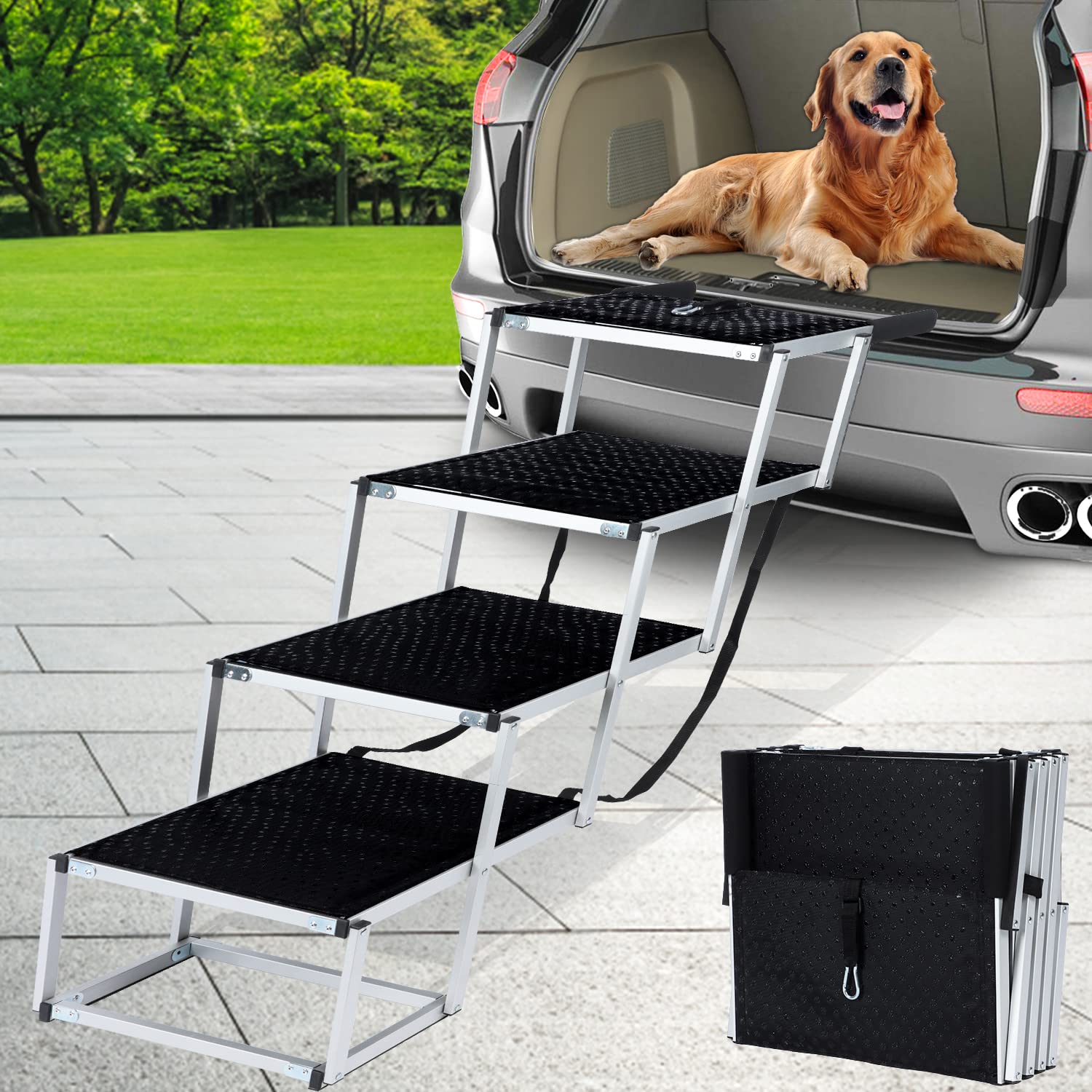 Extra Wide Dog Stairs, Dog Ramps for Large Dogs SUV, Foldable Dog Steps with NonSlip Surface, Lightweight Aluminum Dog Car Stai