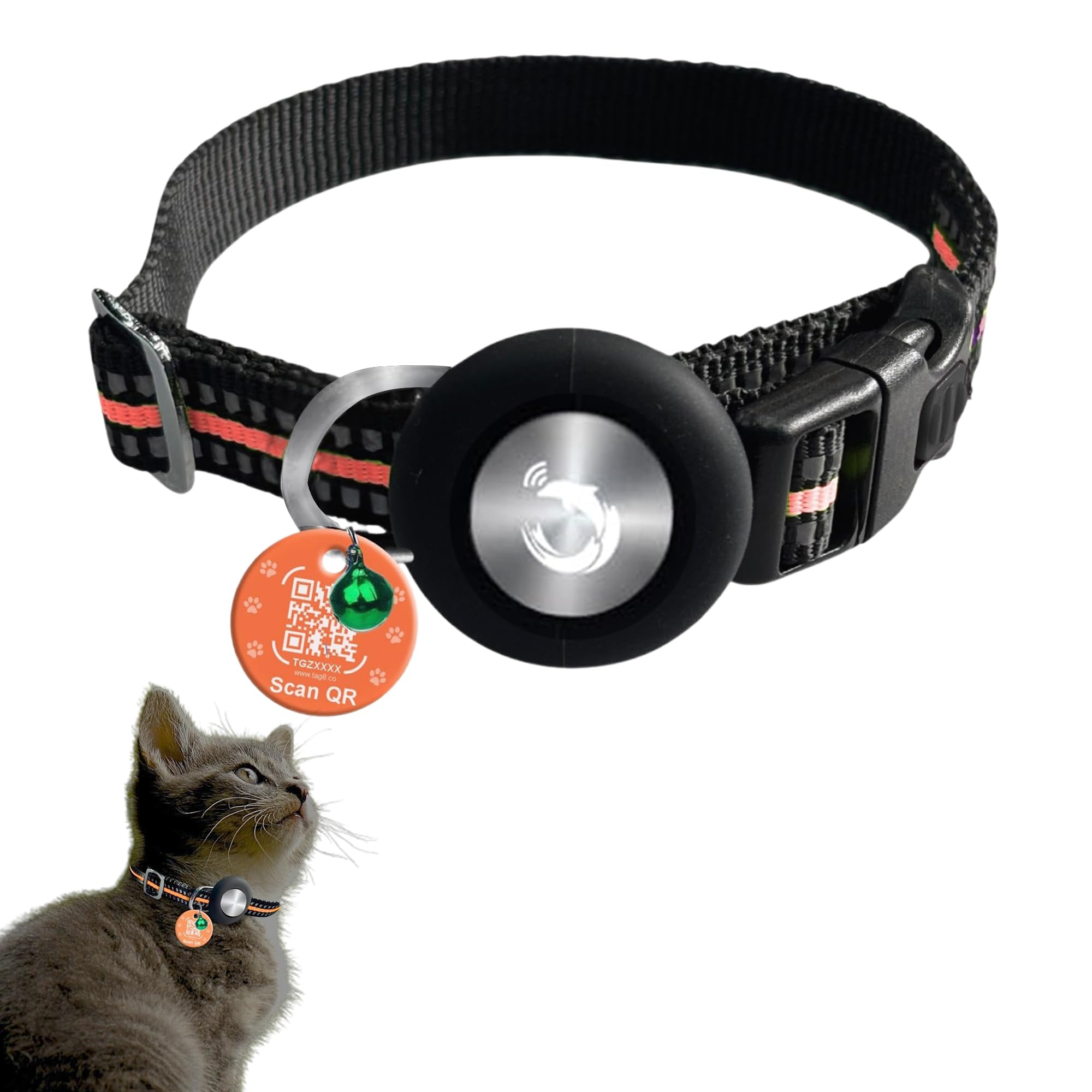 Tag8 Airtag Cat Collar Breakaway With Bell, Reflective Airtag Holder & Buckle| Quick Release Button & Safe Night Reflective Comp