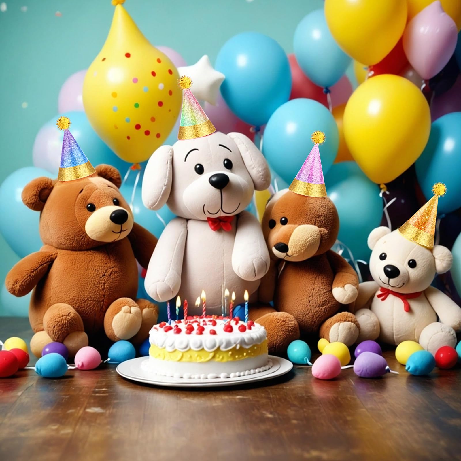Sonwyoung 40 Pcs Mini Party Hats With Pompoms, Glitter Stuffed Animals Birthday Party Cone Hat For Stuffed Animals Pets Party