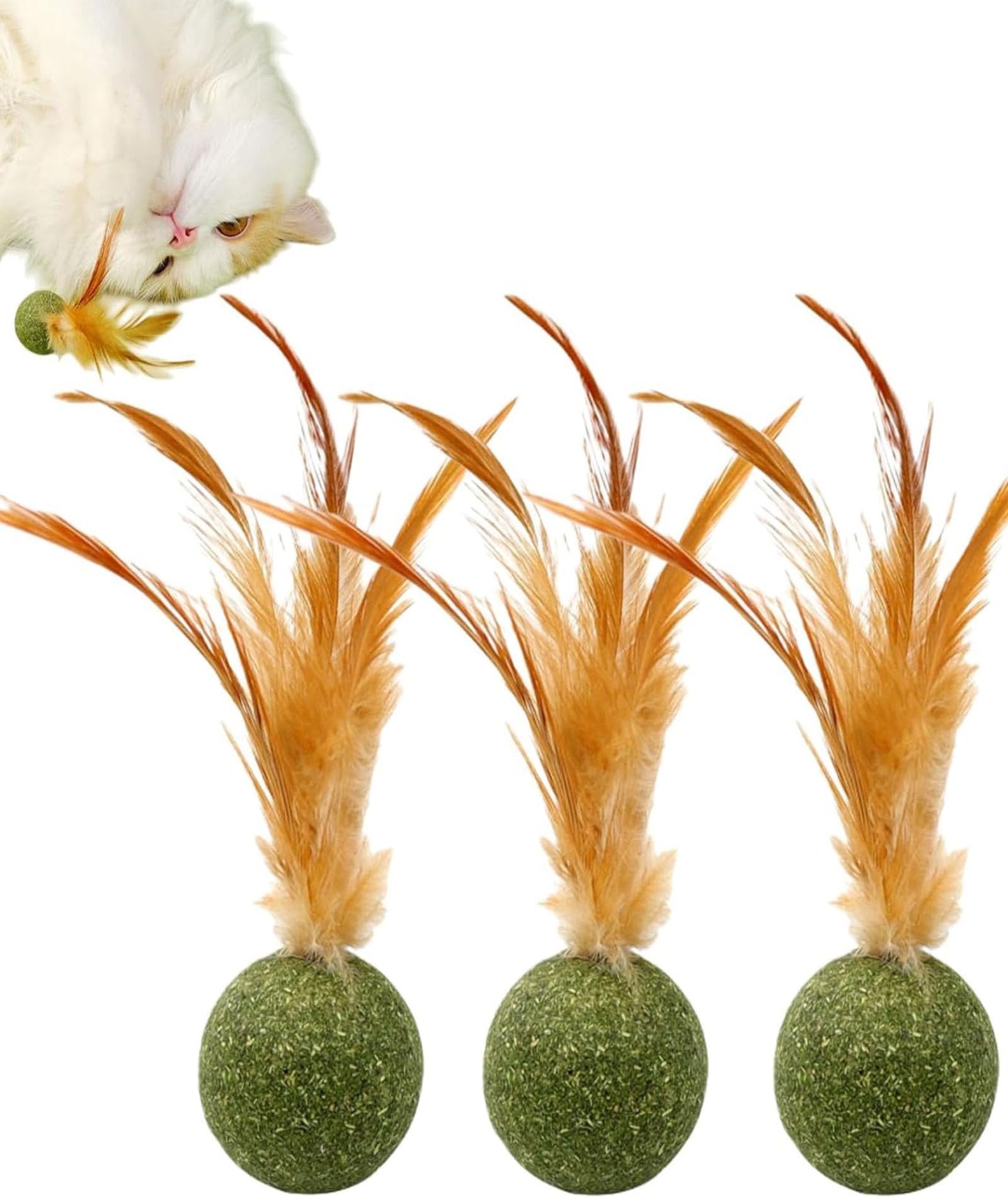 Mittijoy 3Pcs Catnip Ball, Catnip Feather Bouncy Ball Set, Interactive Play Toy For Cats, Encouraging Active Playtime And Health