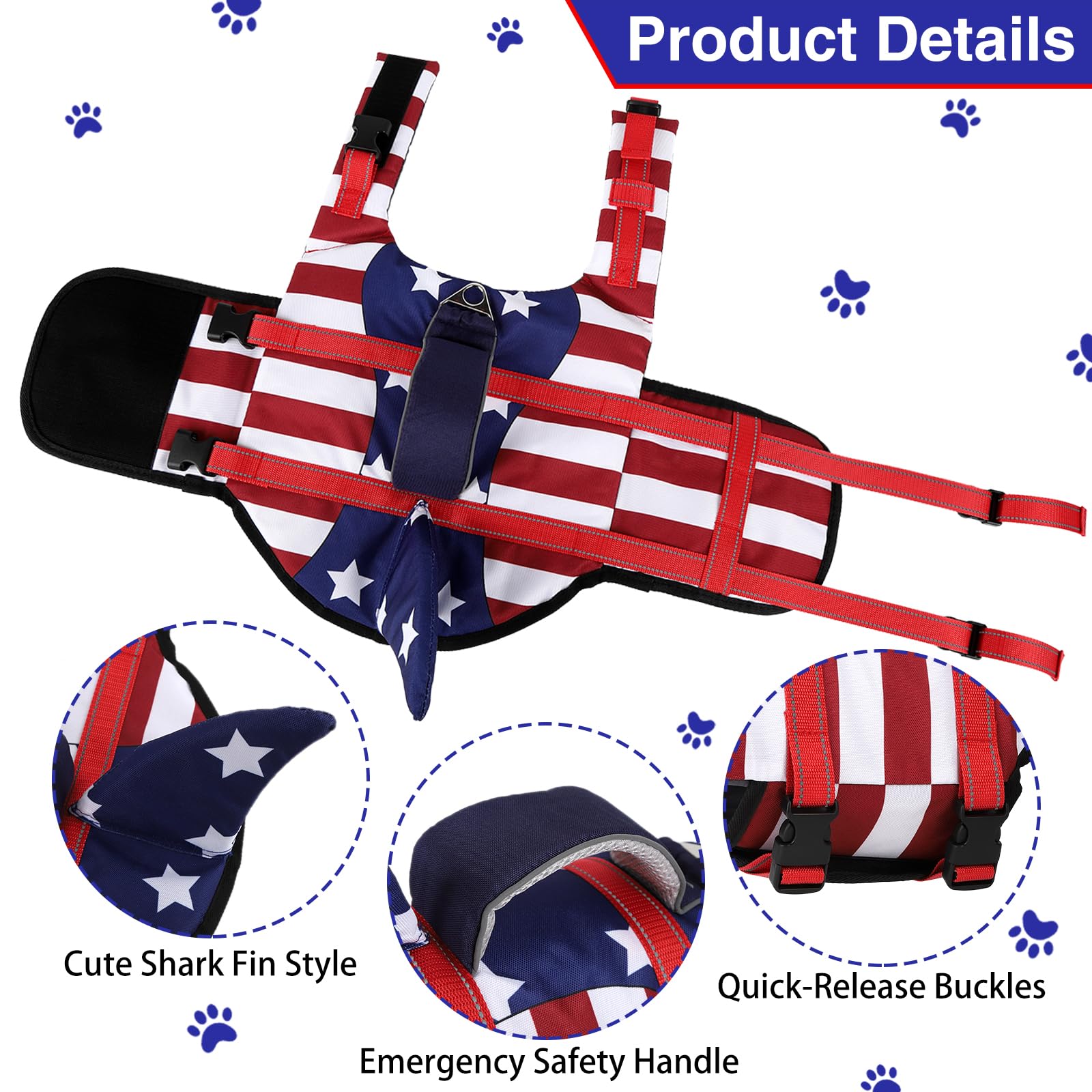Tdtok Dog Life Jacket Shark Fin American Flag Pattern With Rescue Handle And Reflective Stripes, High Buoyancy Life Safety Vest