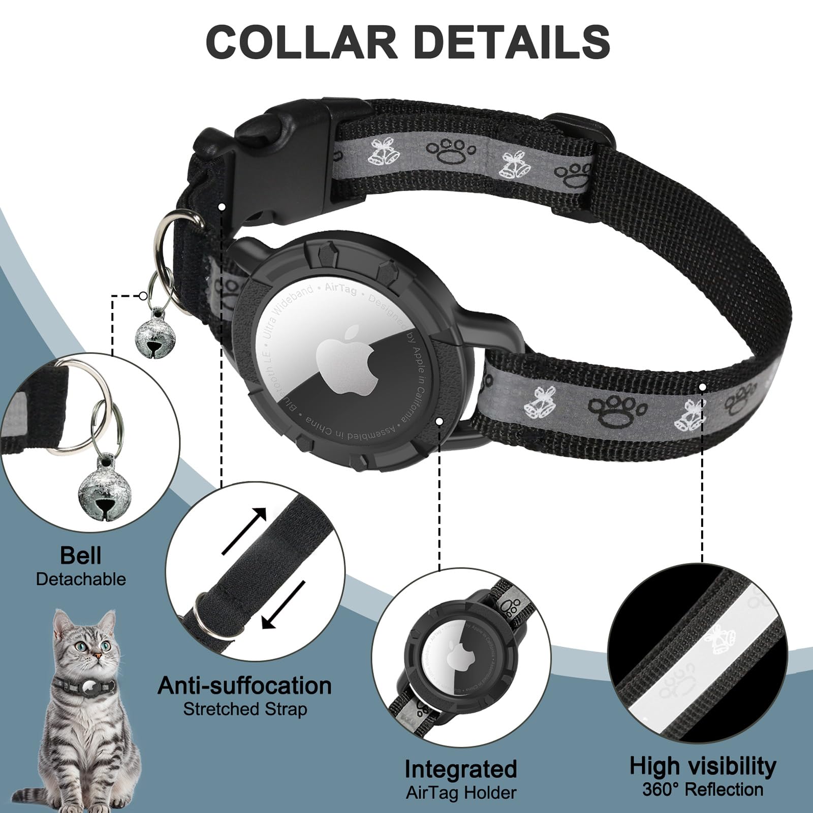 Reflective Airtag Cat Collar, Integrated Cat Tracker Collar With Air Tag Holder And Bell, Safety Elastic Band Cat Gps Collars For Girl Boy Cats, Kittens And Puppies (Black, Xs)