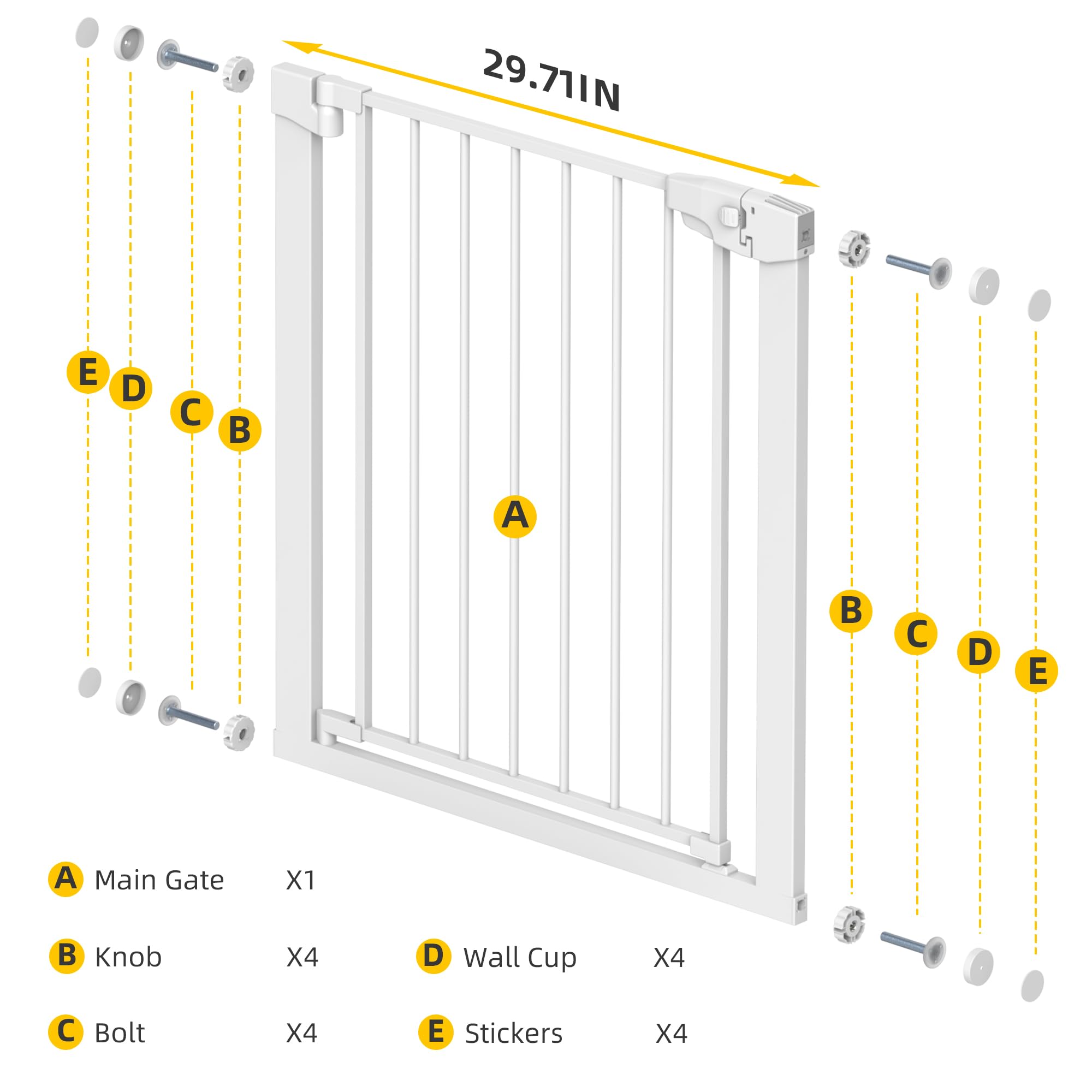 Edmyre Easy Step Walk-Thru Baby Gate, Adjustable 29.7-40.5" W, Auto-Close, White, Metal, Model ED-GATE-S