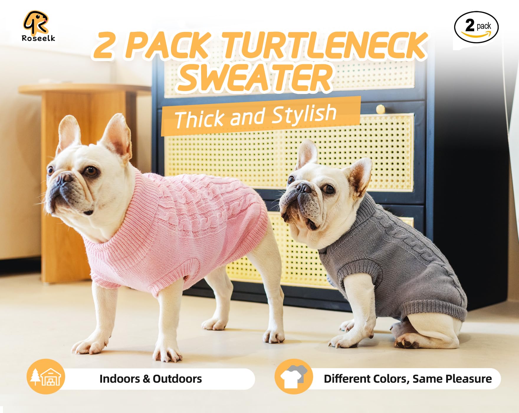 Roseelk 2 Pack Dog Sweaters For Small Dogs - Puppy Medium Warm Clothes In Winter, Turtleneck Pullover Design For Boy Girl Pet, Doggie, Cat, Kitten Chihuahua Bulldog Pug Beagles (Xs, Grey, Pink)