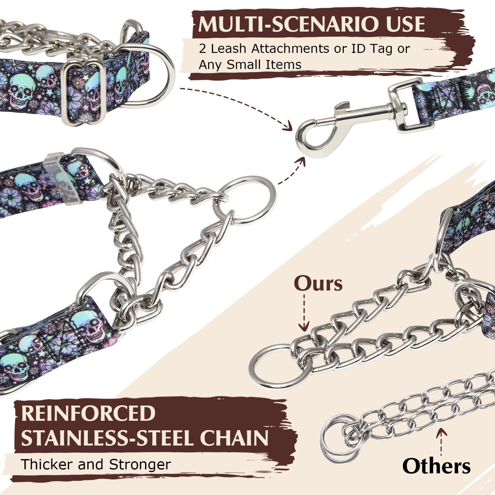 Martingale Dog Collar With Stainless Steel Chain, No Pull Slip Cinch Choker Choke Collar Training Escape Proof Heavy Duty Dog Co