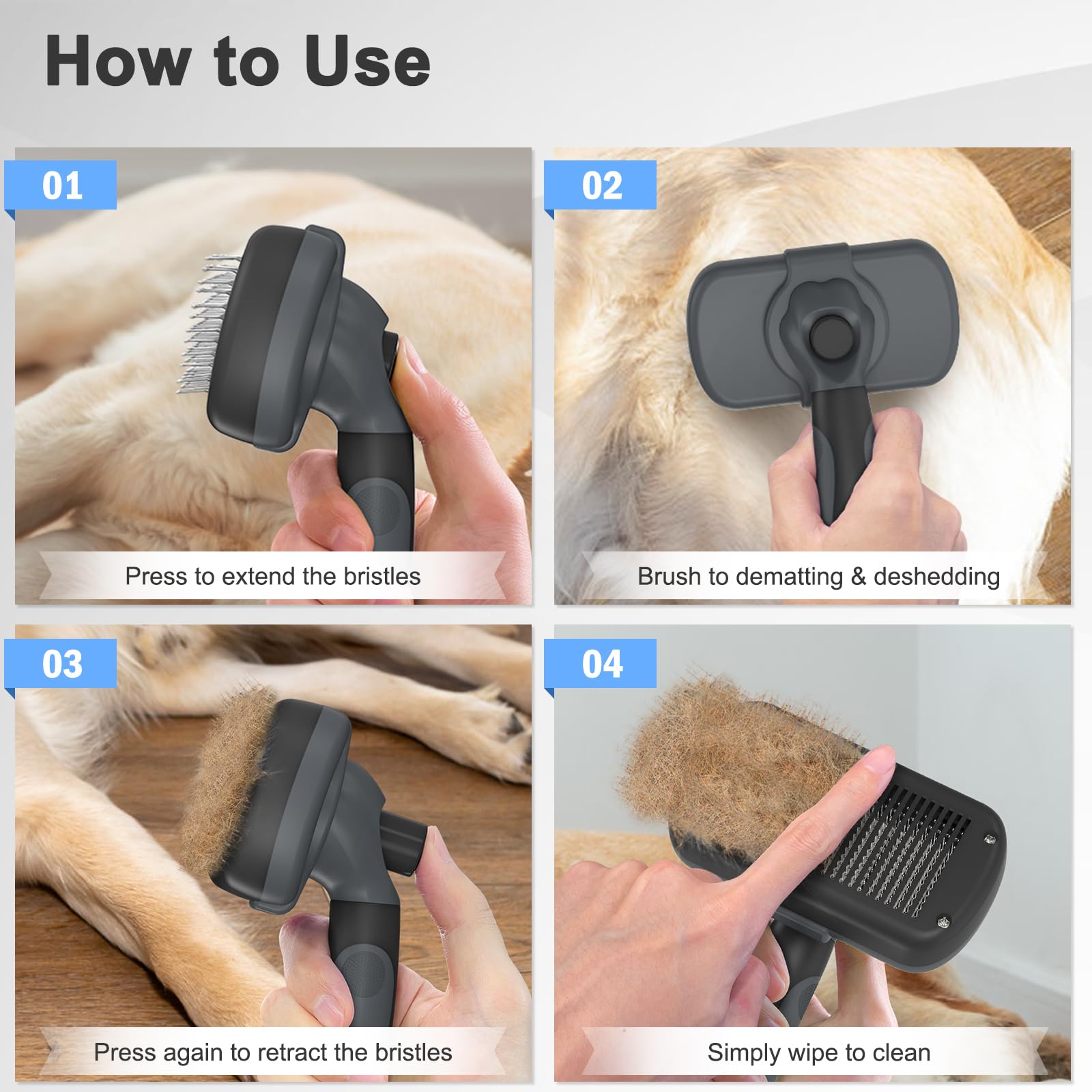 Dipoo Self-Cleaning Deshedding Brush for Dogs & Cats - Skin-Friendly Grooming Tool, Grey