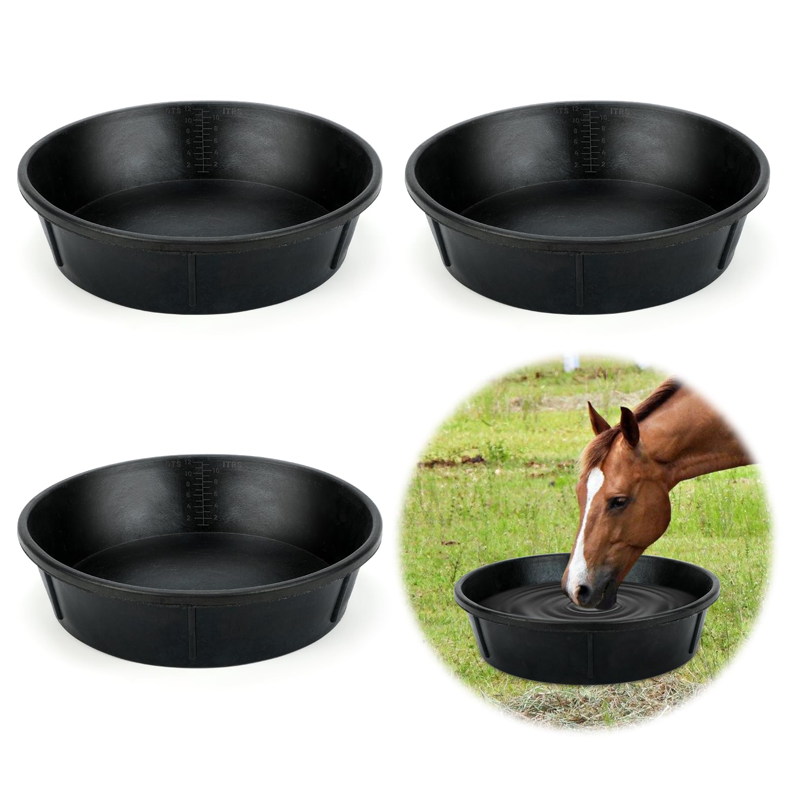 Midollarle 3Pcs Heavy Duty Rubber Feeder Pan, 12Q/3Gal Horses Feed Pan, Large Feed Bucket for Animal Feeding, Livestock Water Bo