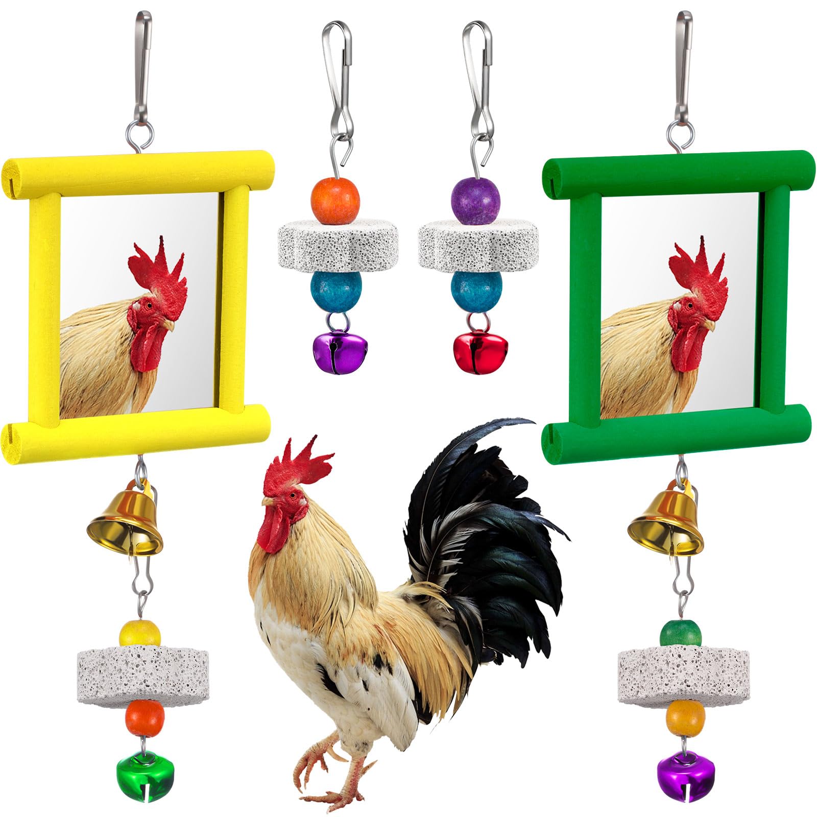 Sumind 2 Pieces Chicken Mirror Toys Hanging Swing Mirror with Bell Wooden Pecking Toy and 4 Pieces Beak Grinding Molar Stones fo