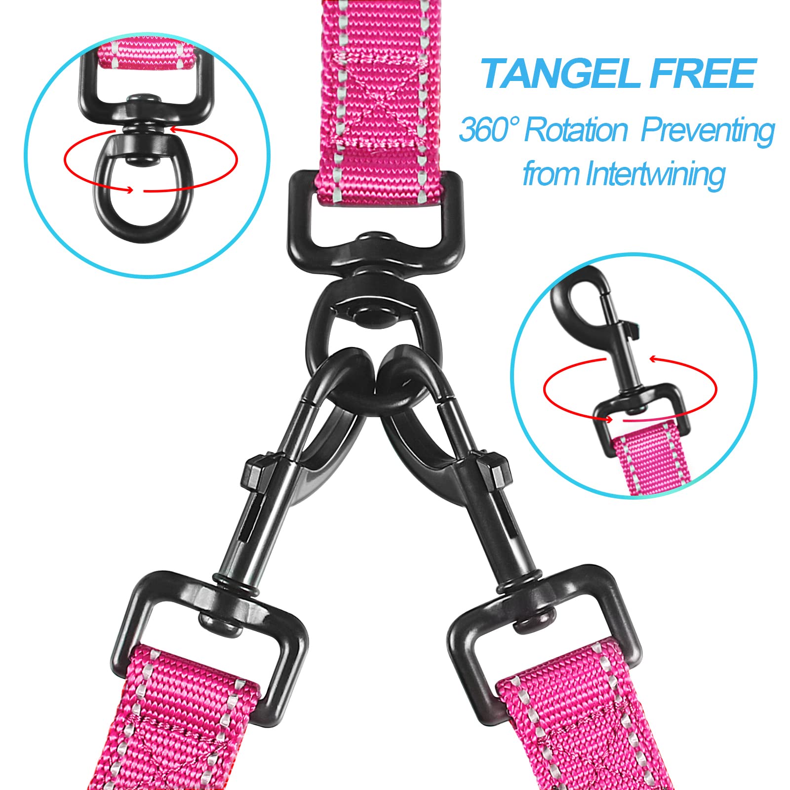 Petbonus Double Dog Leash, No Tangle Dual Dog Leash, Reflective Walking Training Leash, 4 Comfortable Padded Handles For 2 Dogs With Collapsible Bowl And Waste Bags Dispenser (Pink, Large)