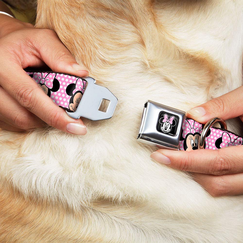 Buckle-Down Seatbelt Buckle Dog Collar - Minnie Mouse Expressions Polka Dot Pink/White - 1' Wide - Fits 15-26' Neck - Large
