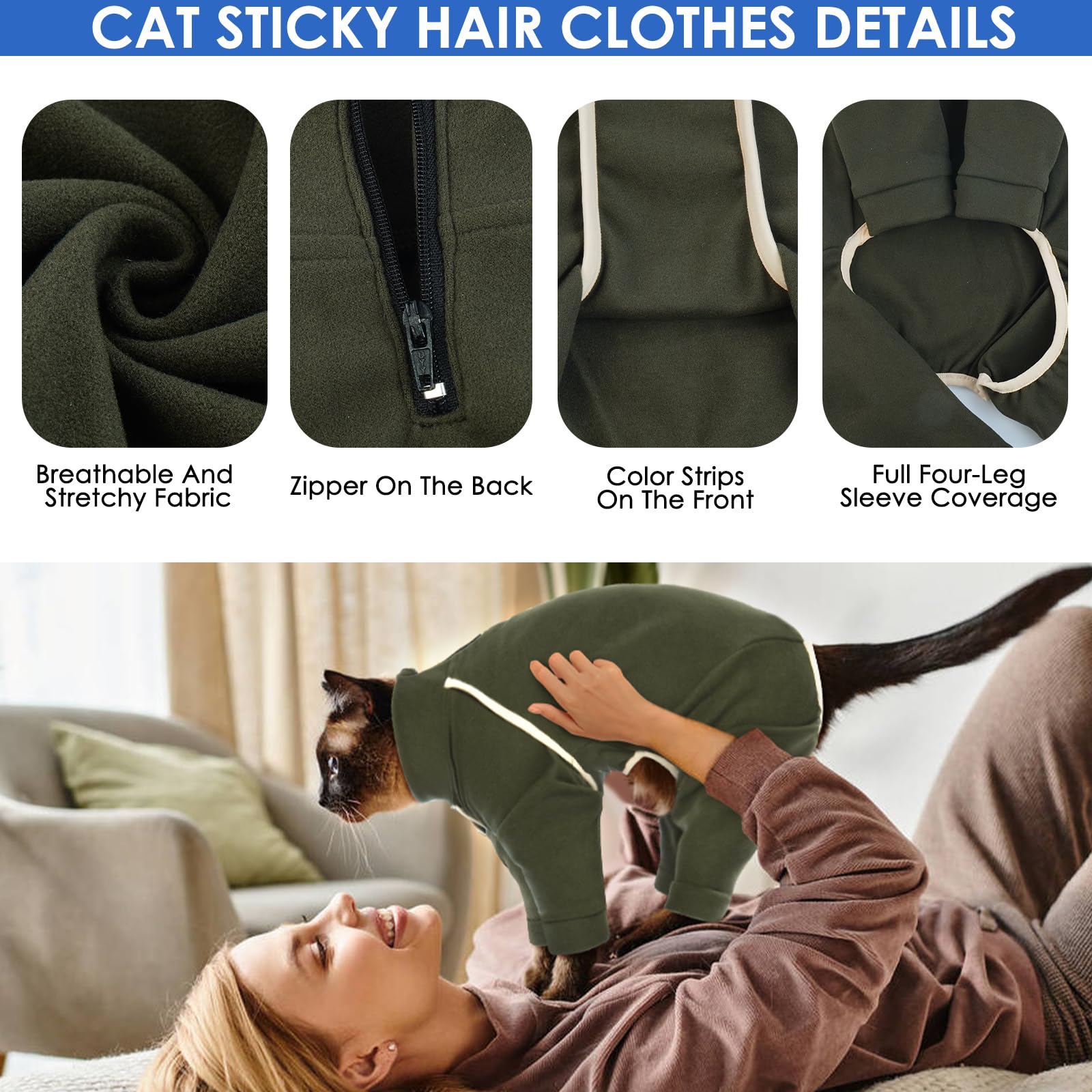 Cat Onesie - Army Green, Xxl - Prevents Hair Loss, Sticky Hair Clothes, Pajamas For Cats Only, Hairless Cat Clothes, After Surge