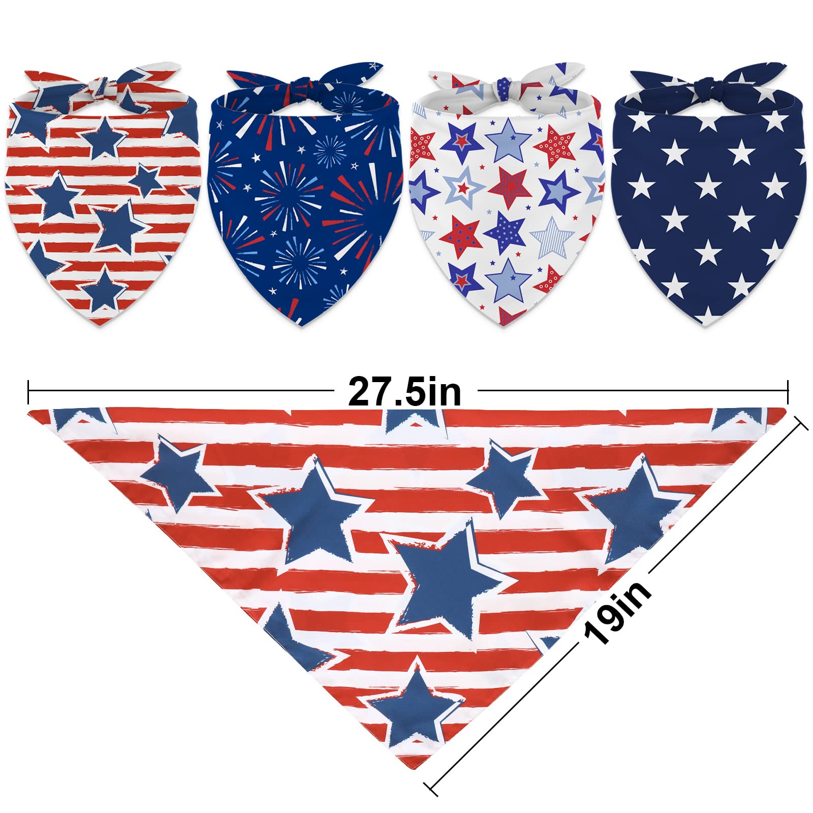 Anydesign 4Pcs Patriotic Dog Bandanas Red Blue Stars Firework Triangle Dog Bibs Adjustable American Flag Style Pet Scarf 4Th Of