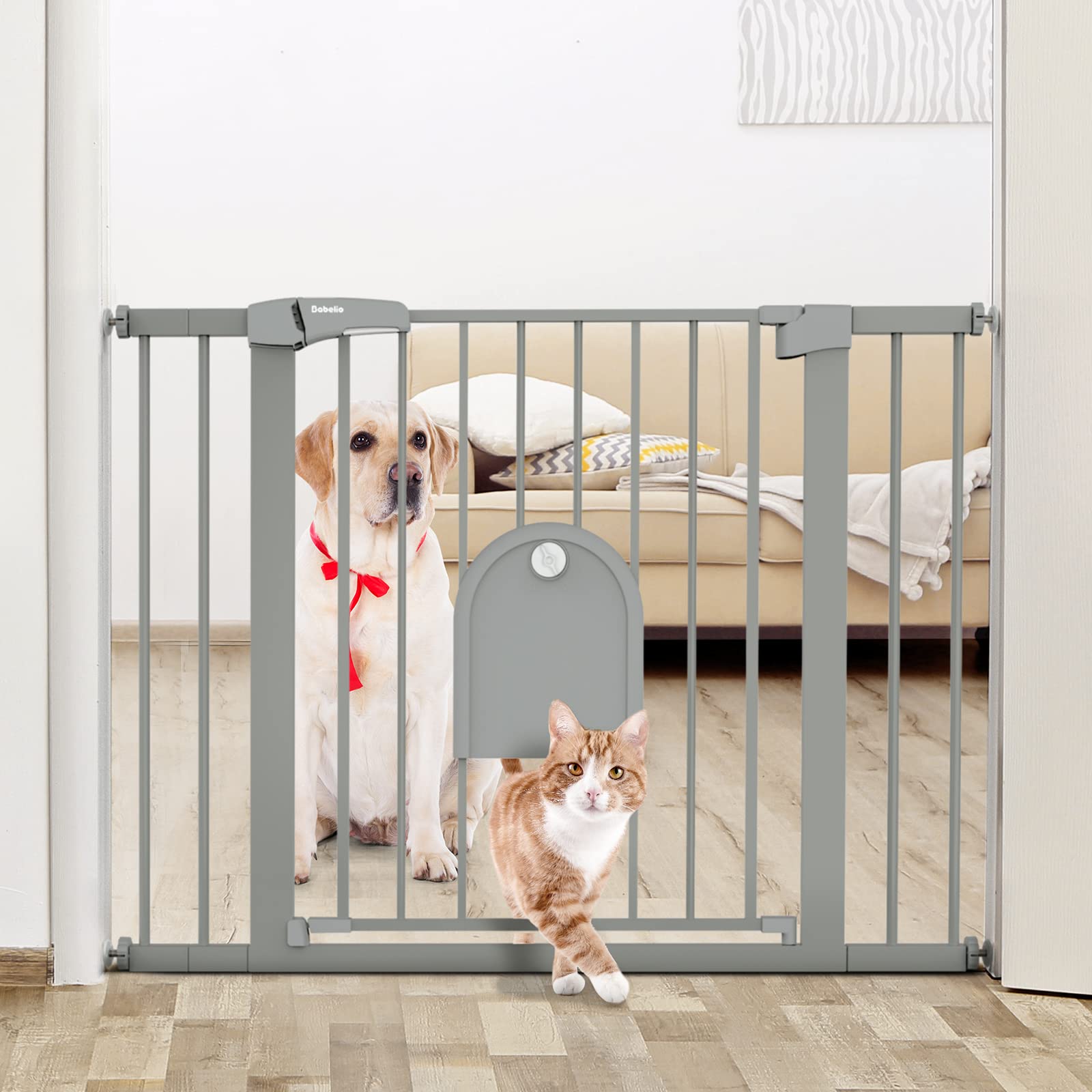 Babelio Auto Close Baby Gate with Small Cat Door, 29-43 Metal Cat Gate for Doorway, Stairs, House, Easy Walk Thru Dog Gate with 