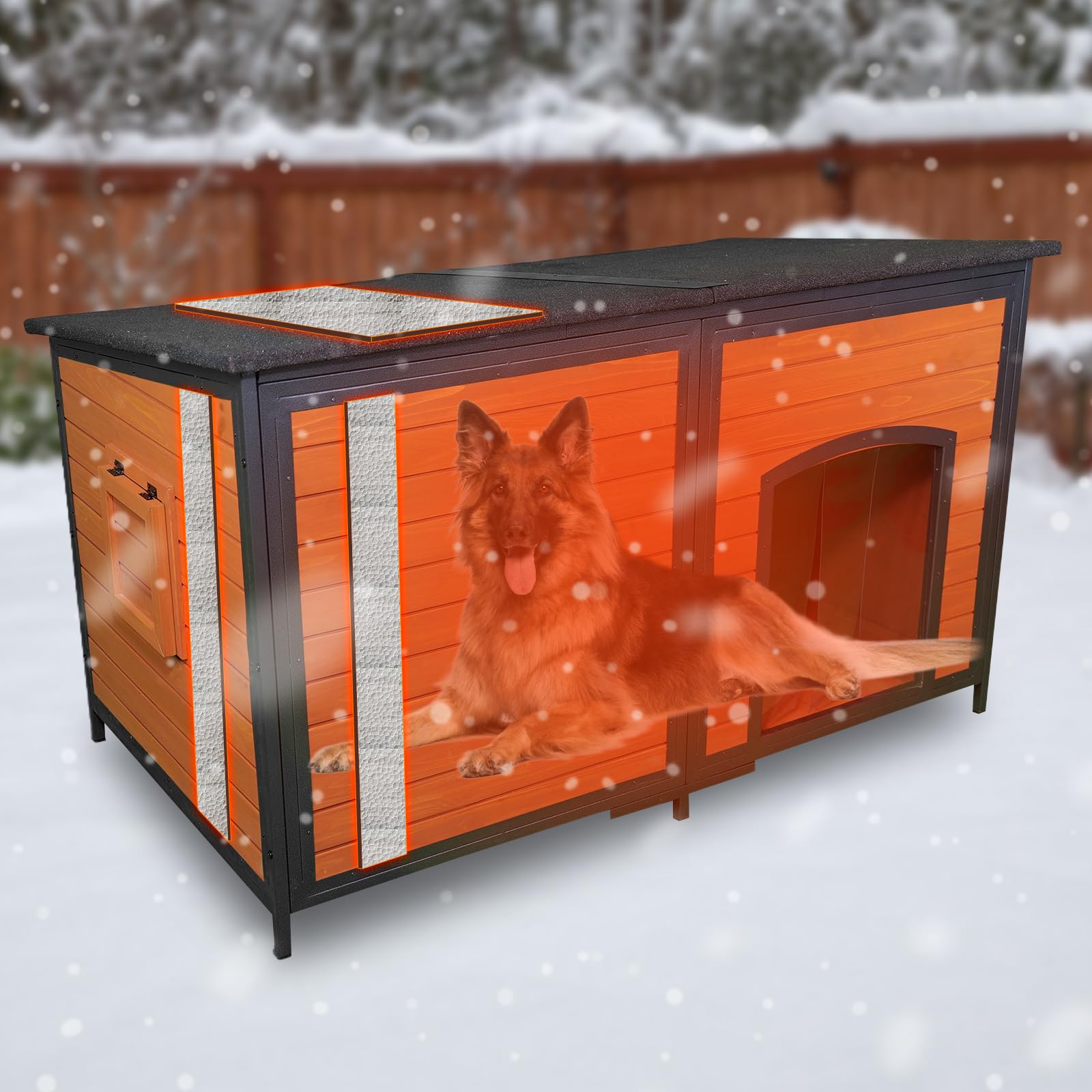 Funxplore Extra Large Dog House Outdoor 59.1'' L Outside Insulated Dog Kennel Weatherproof Winter, 6 Sides All-Round Foam For Sm