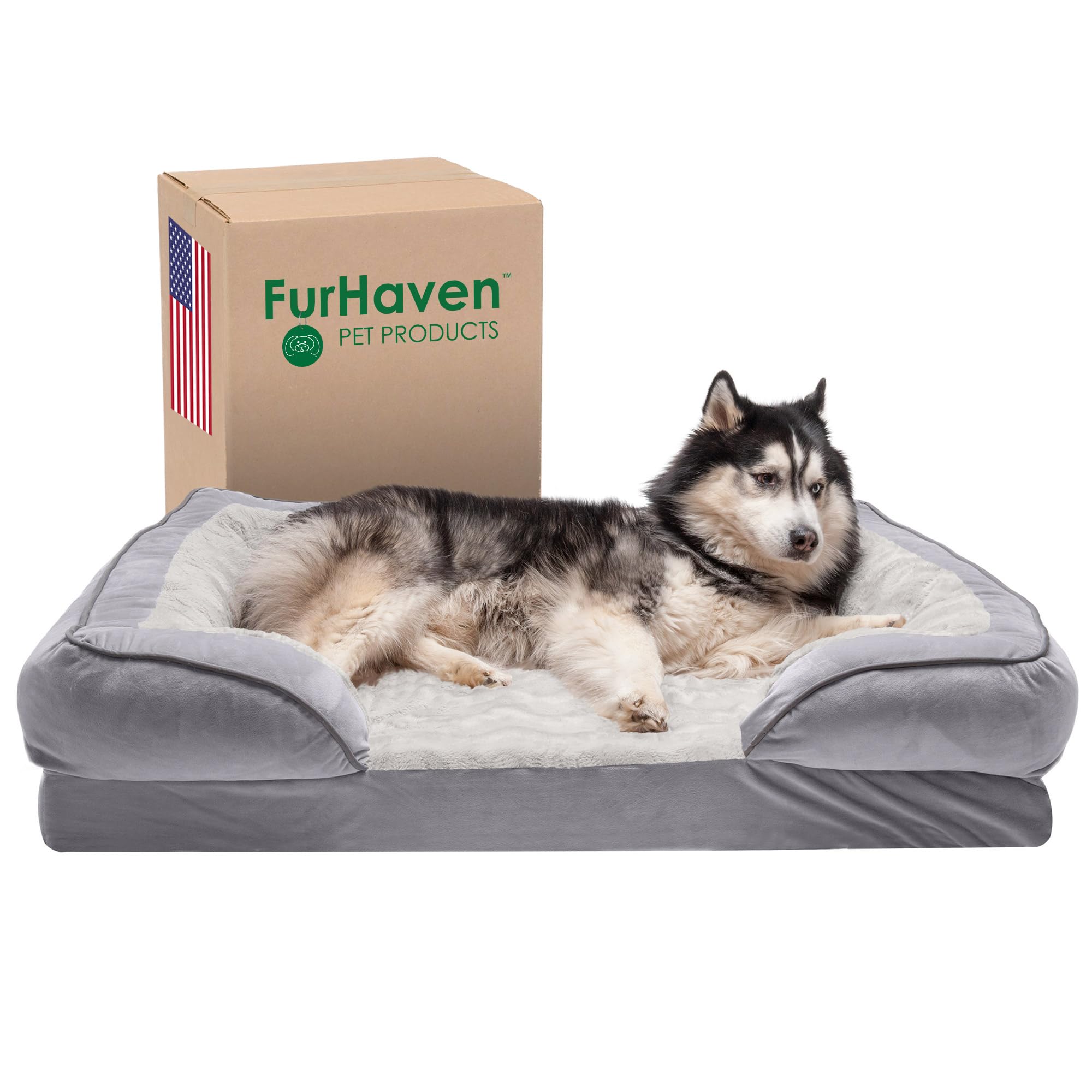 Furhaven Memory Foam Dog Bed For Large Dogs W/ Removable Bolsters & Washable Cover, For Dogs Up To 95 Lbs - Plush & Velvet Waves