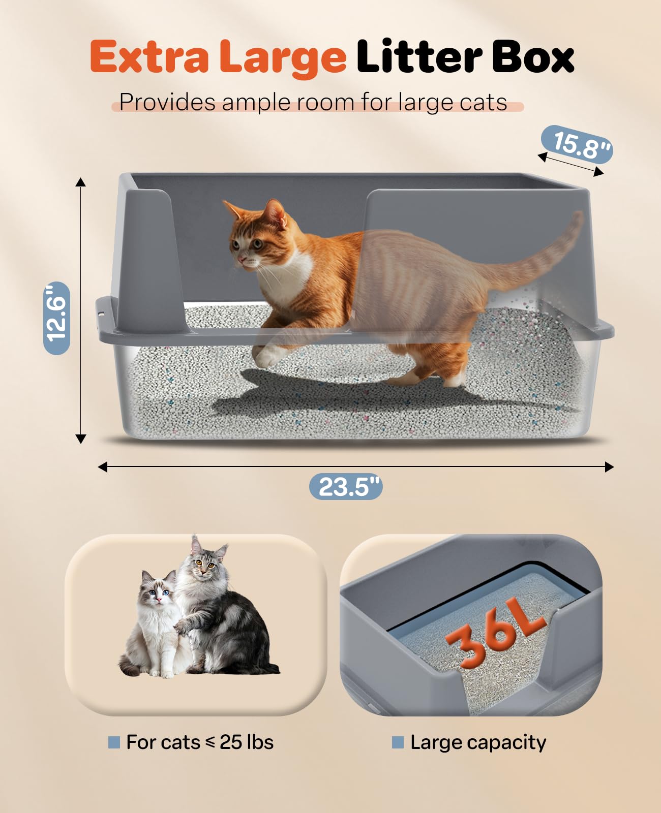 Stainless Steel Litter Box With Lid, Extra Large Metal Cat Box For Big Cats, High Sided Kitty Litter Box With Scoop & Pee Pads,