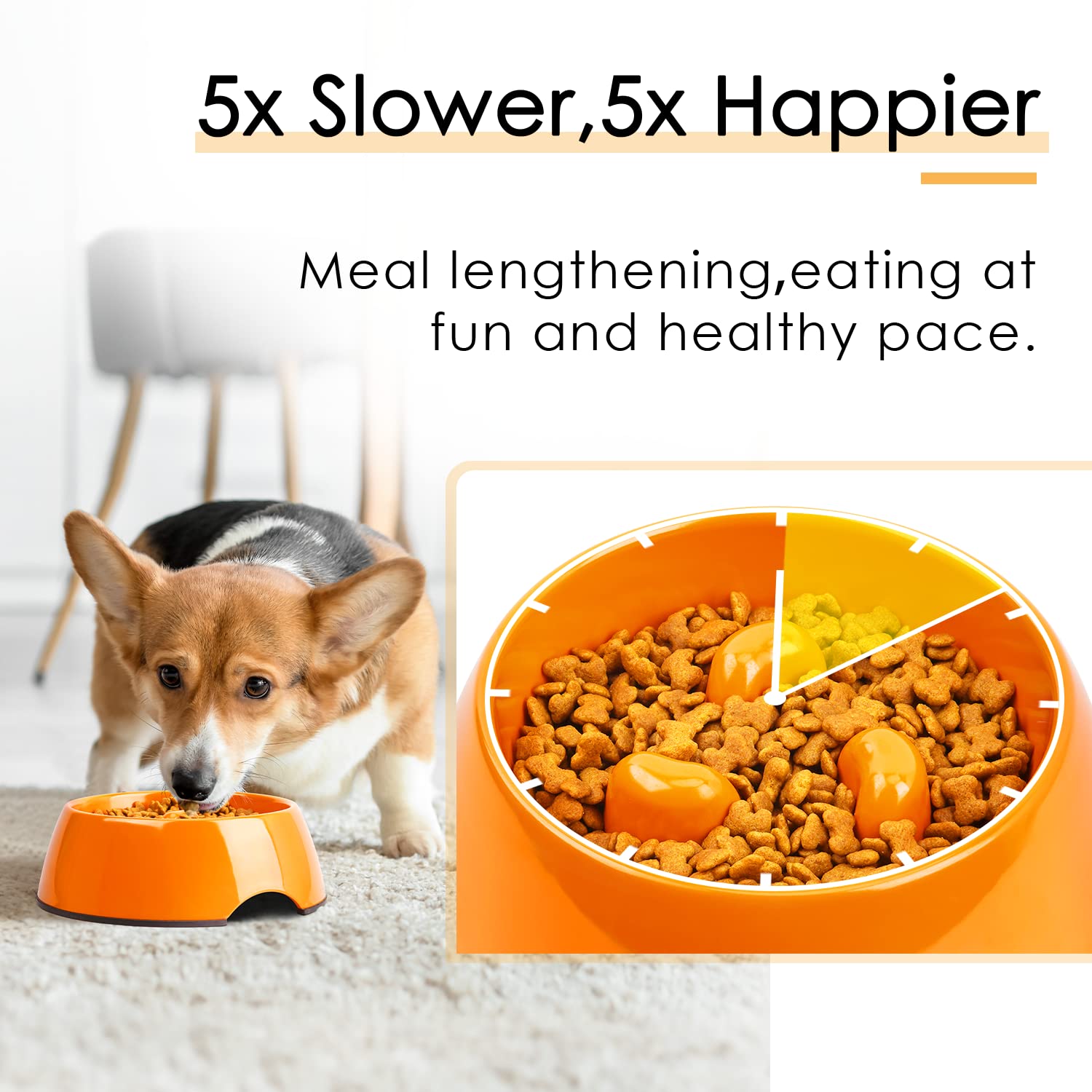 Super Design Slow Feeder Dog Bowl - 1.5 Cup, Non-Slip, Heat-Resistant, Orange, Stainless Steel, for Medium to Large Dogs
