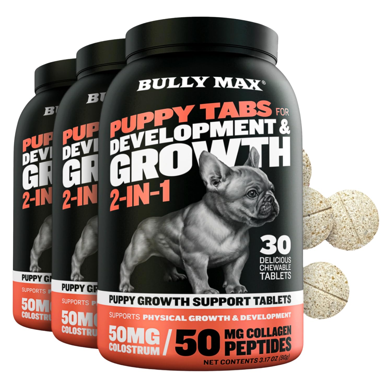 Bully Max 2-in-1 Puppy Vitamins - 30 Chewable Tablets for Growth & Development of Puppies - Multivitamin Treats & Essential Dog 