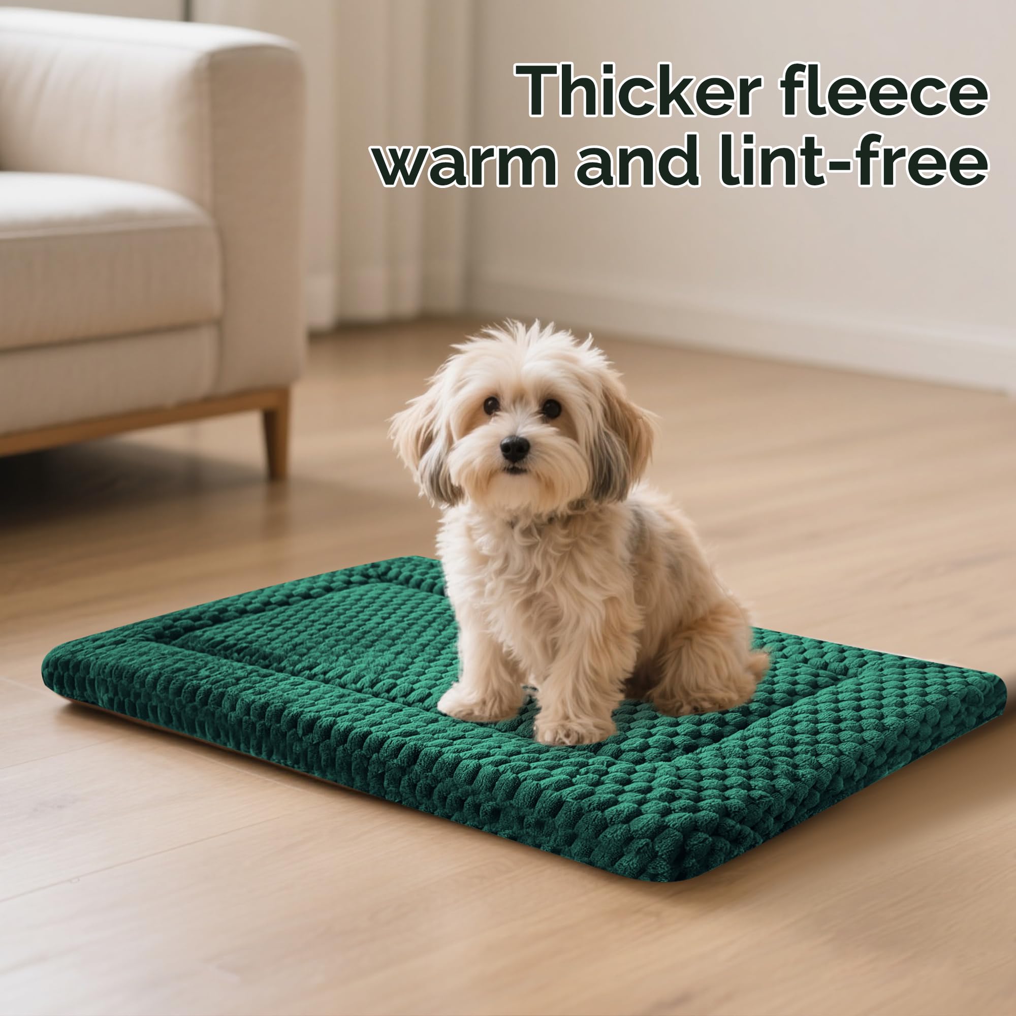 Dog Bed Crate Mat, Soft Durable Washable Anti-Slip Kennel Pad for Dogs & Cats, Reversible (Dark Green, S(24*18*1.5))