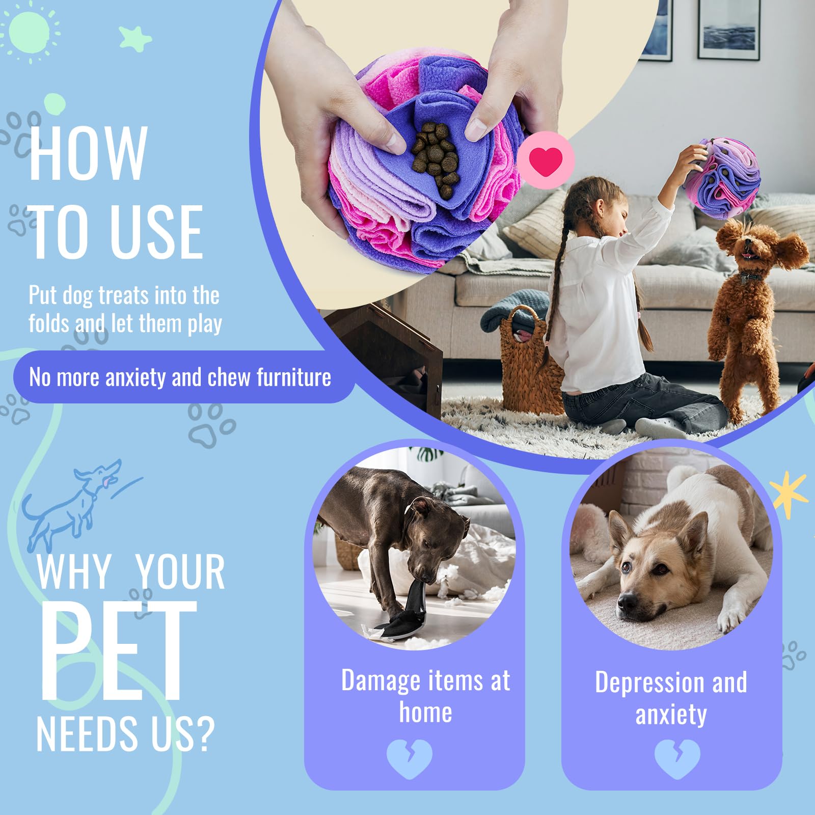 Larimuer Pet Snuffle Ball - Interactive Dog Puzzle Sniffing Toy For Blind Dogs Training, Stress Relief & Enrichment - Machine Wa