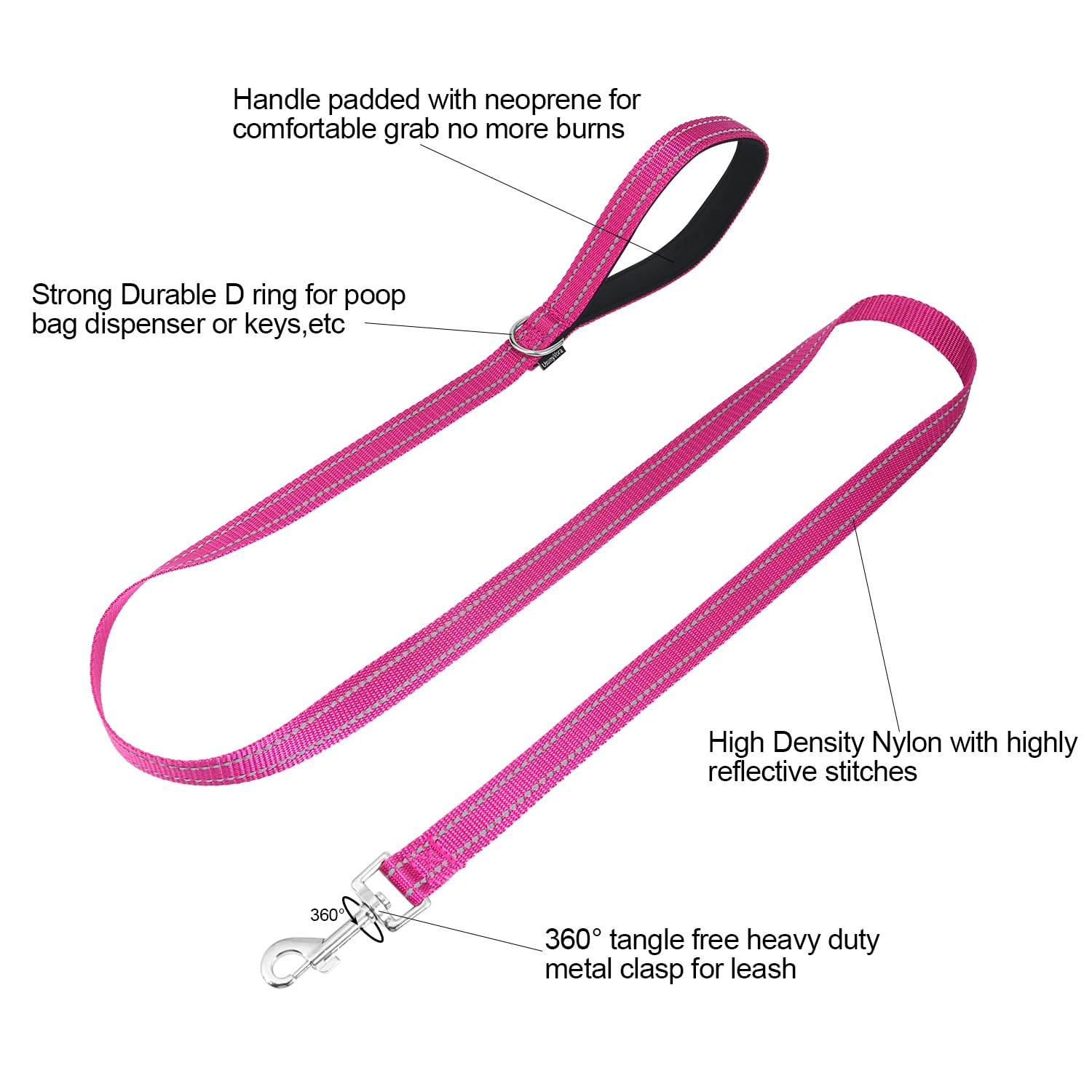 Usunyvora Reflective Nylon Dog Leash For Walking,Strong Dog Leash With Padded Handle For Medium And Large Dogs,5 Ft,Rose