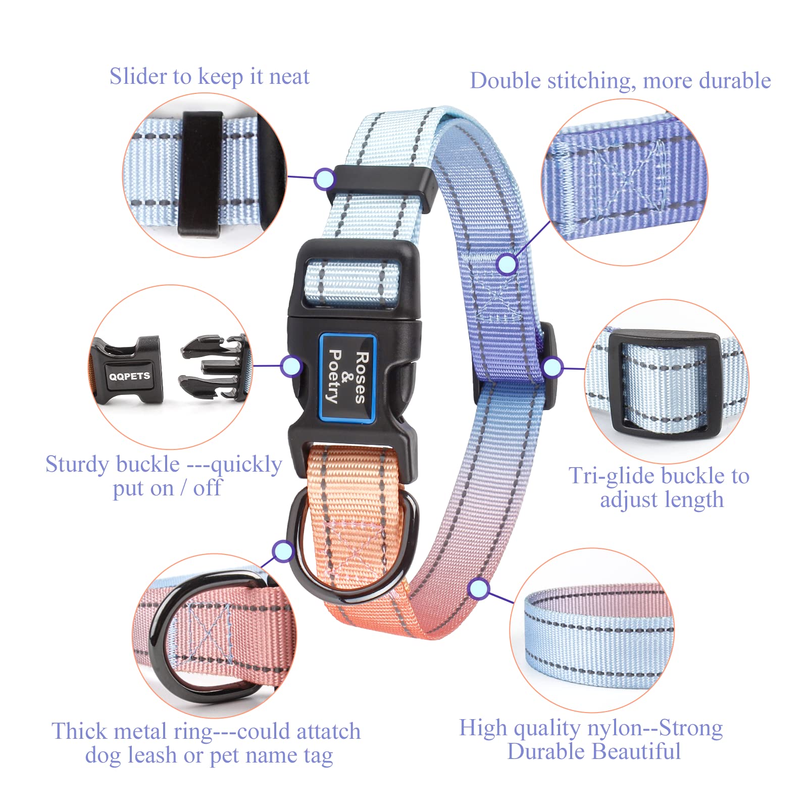 Roses&Poetry Reflective Dog Collar With Gradient Azure, Adjustable Durable Pet Collars For Small Medium Large Dogs (Azure-L)