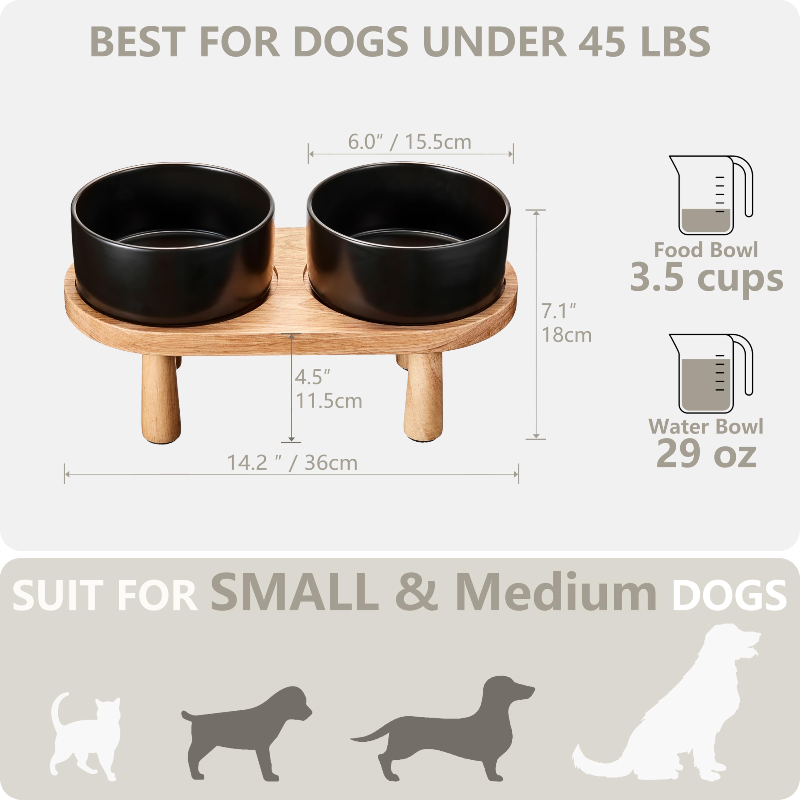 MOPANG Ceramic Elevated Dog Bowls Set, 3.5 Cups with Wood Stand, Black, for Medium & Small Dogs