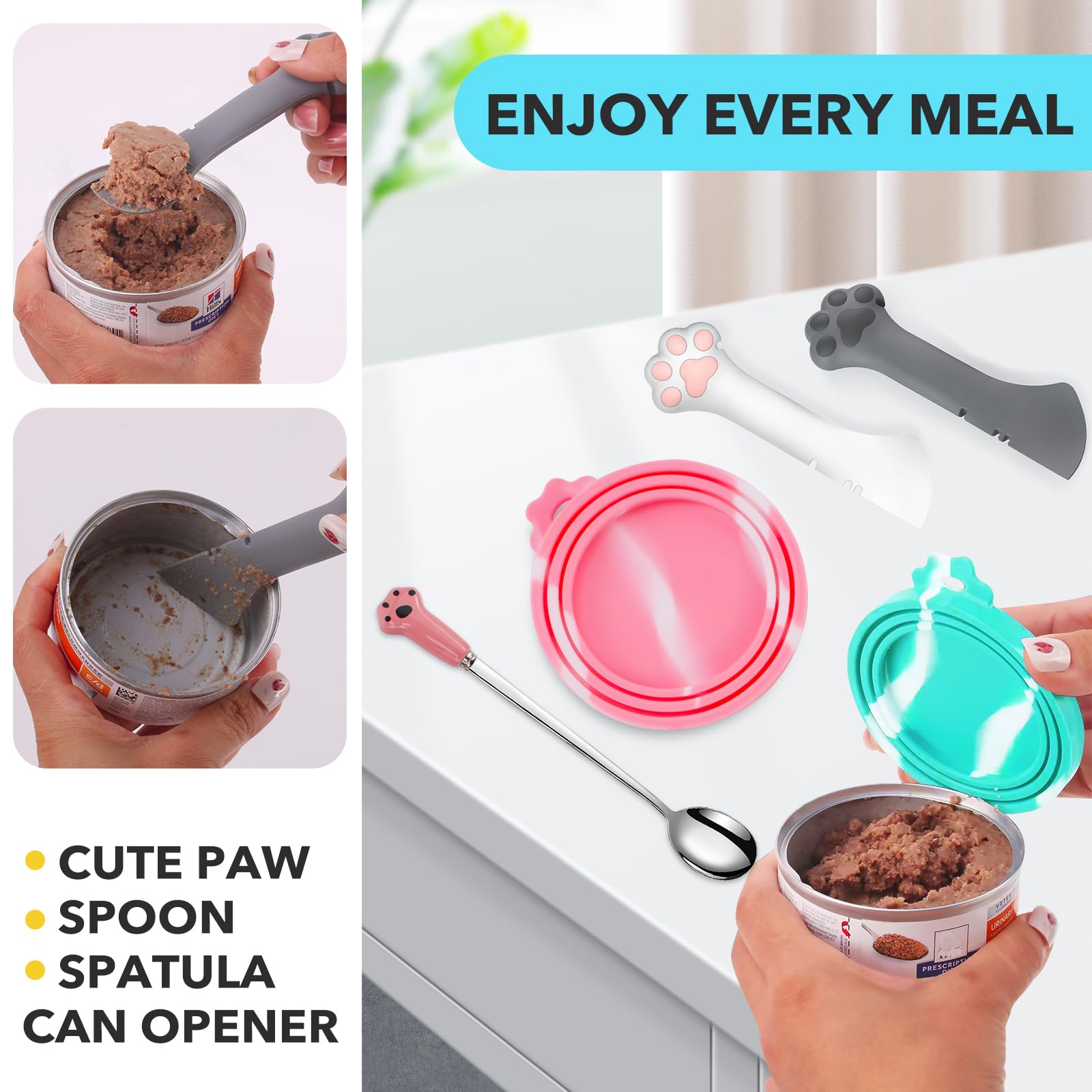 Comtim 5 PCS Pet Food Can Lids & Spoons Set - Silicone Dog Cat Food Can Covers Lids Top/Multi-Function Cat Food Spoon Spatula Ca