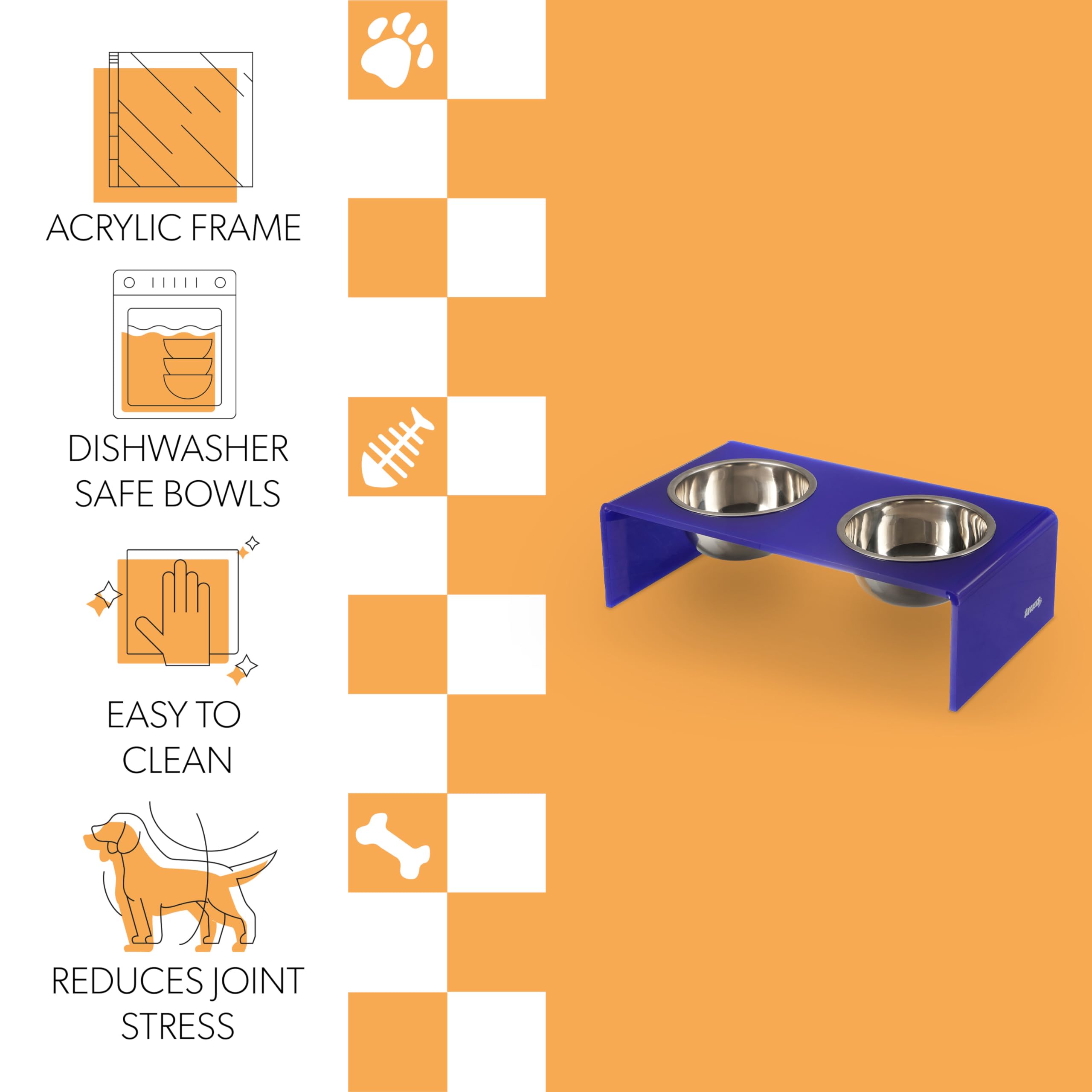 The LICKER Store DBL2000F Keaton 5 Small/Medium Modern Acrylic Rectangular Elevated Pet Feeder with 20oz 2-Stainless Steel Bowls