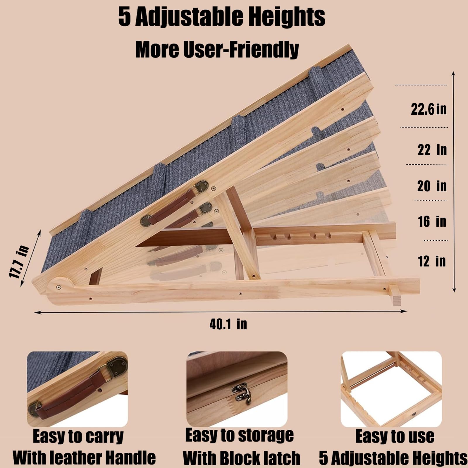 QUCHRYO Foldable Wooden Dog Ramp - 5-Level Non-Slip Steps for Dogs & Cats, Natural Color, Indoor/Outdoor Use, Model QUANC003