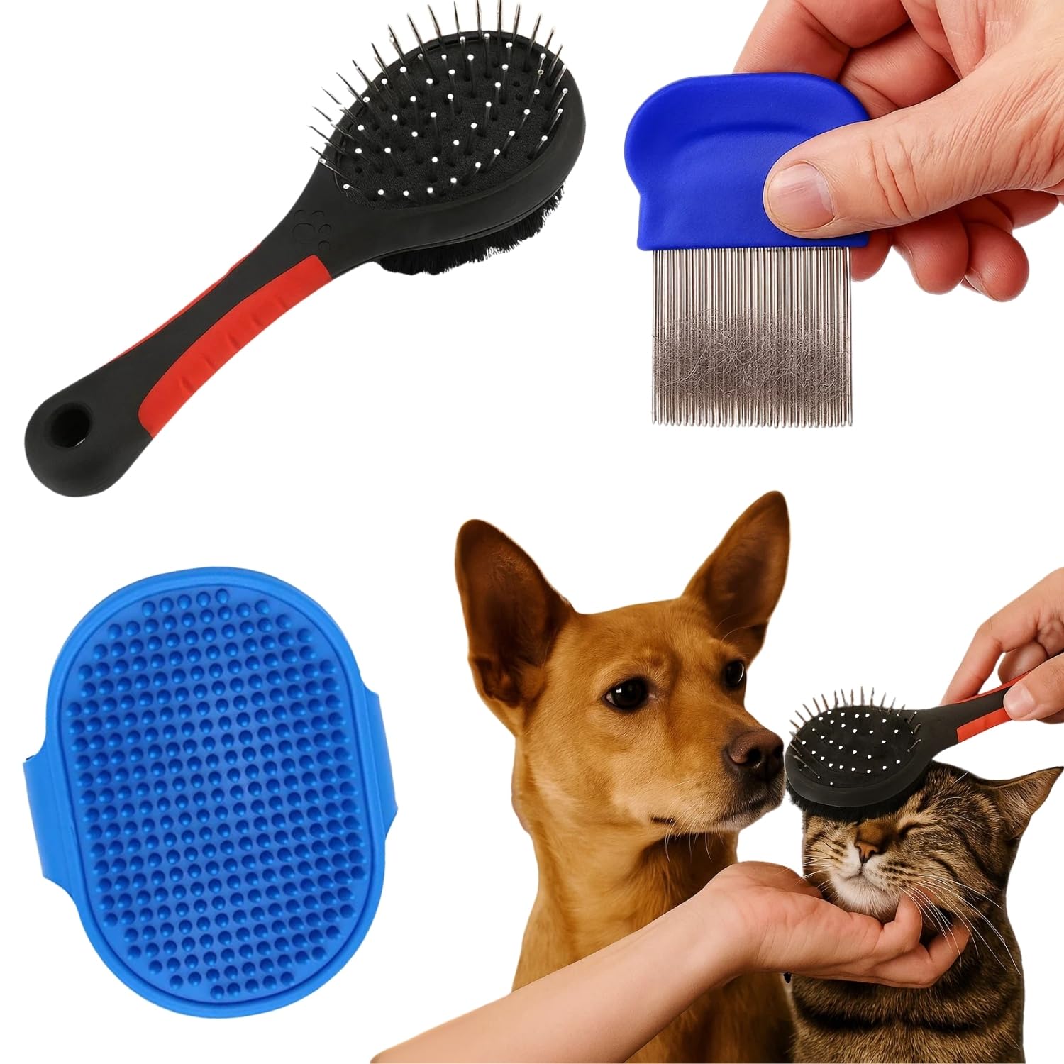 Wiggleboo 3In1 Pet Bathing Grooming Combo | Double Side Dog & Cat Brush + Palm Rubber Deshedding Comb For Massage | Tick, Flea