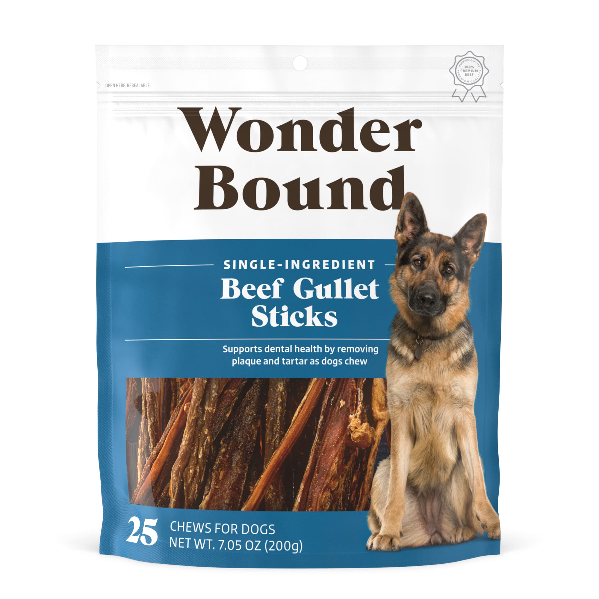 Amazon Brand - Wonder Bound Beef Gullet Sticks Dog Treats, 5-6 Inch, Pack of 25, Highly Digestible, Minimally Processed, 7.05 Ou