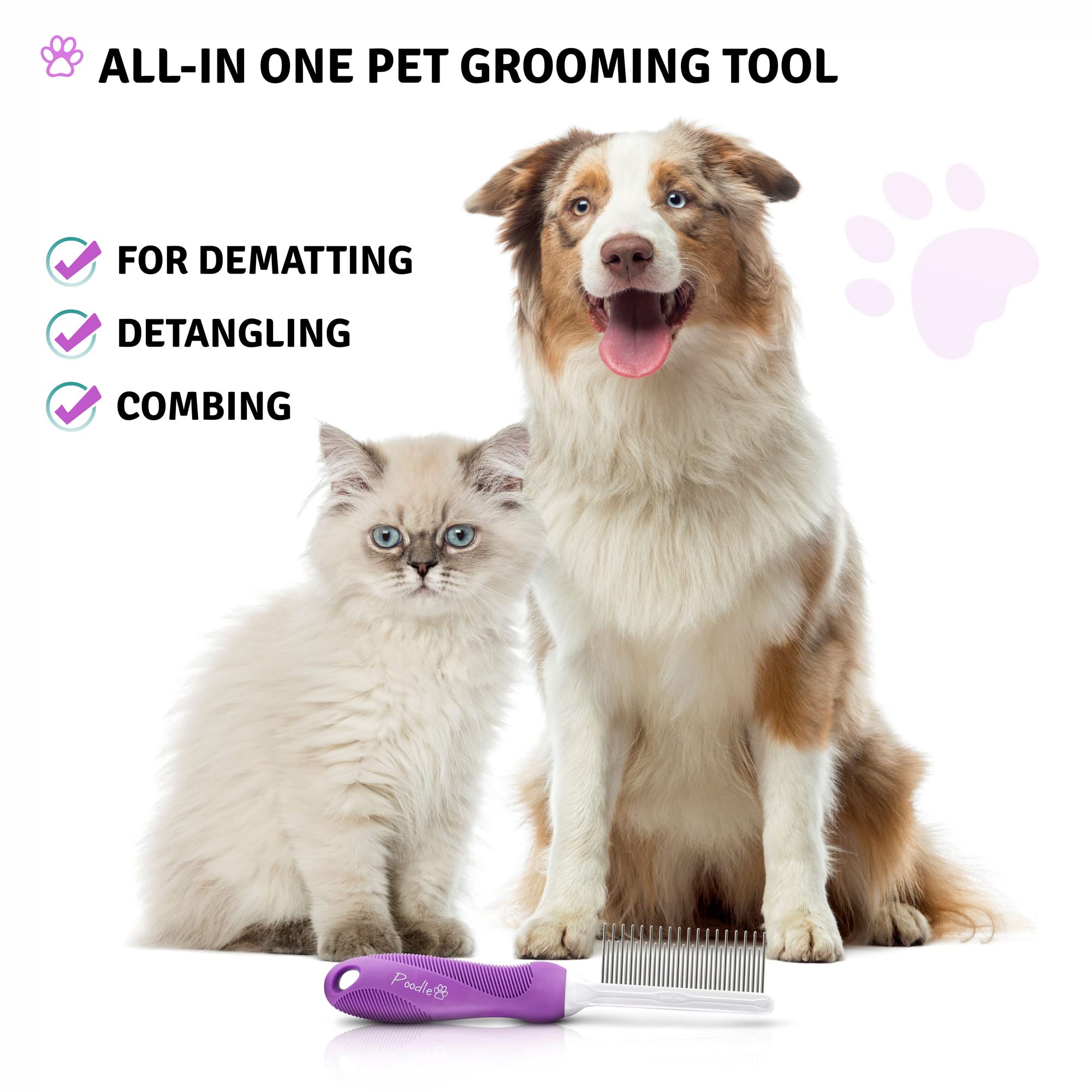 Poodle Pet Detangling Pet Comb With Long & Short Stainless Steel Teeth For Removing Matted Fur, Knots & Tangles – Detangler Tool Accessories For Safe & Gentle Diy Dog & Cat Grooming