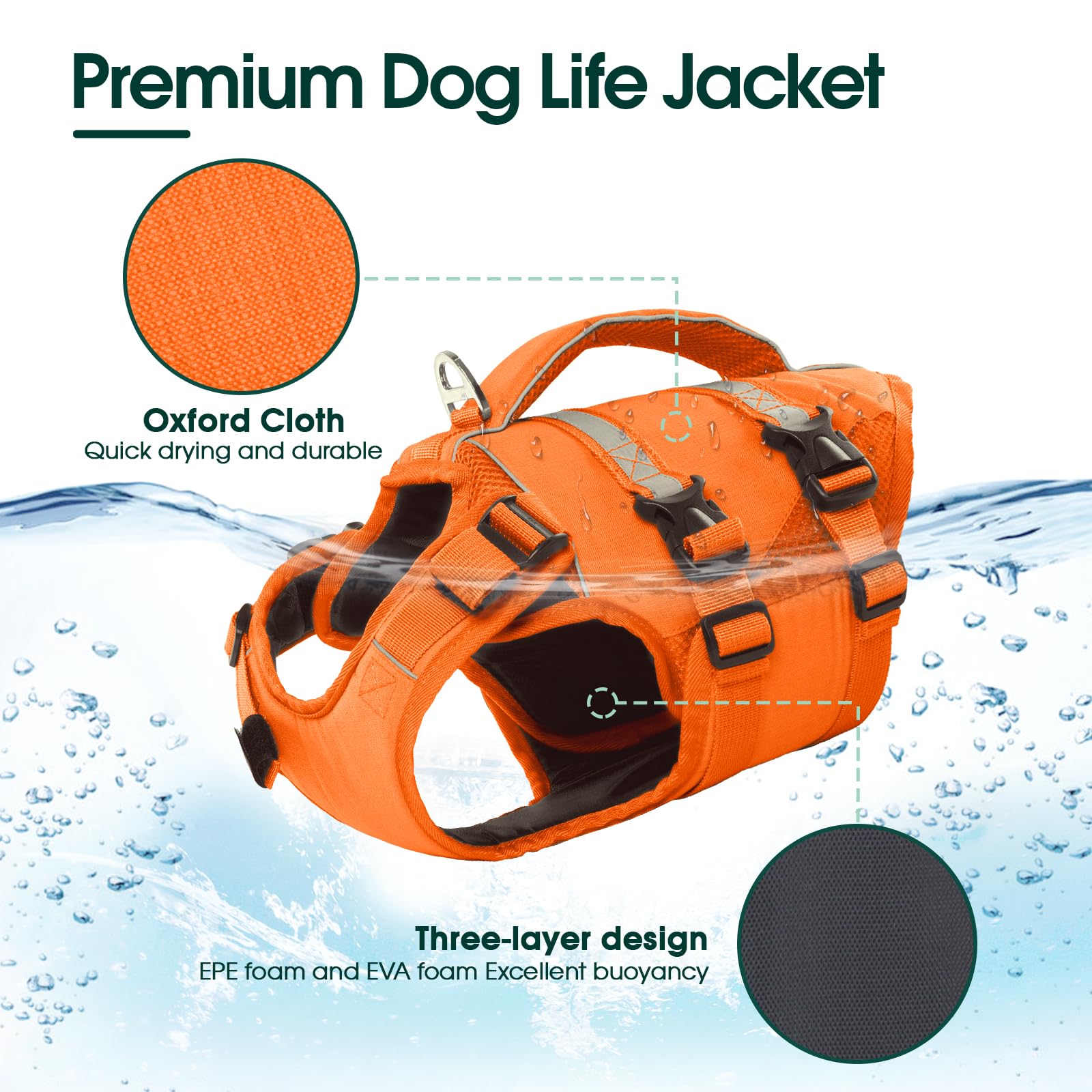 Kuoser Dog Life Jacket - High Flotation Vest for Swimming & Boating, XX-Large, A-Orange, Ripstop Oxford & Nylon, Reflective Safety Handle