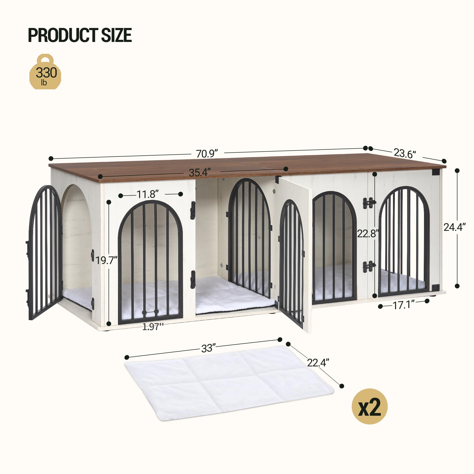 Hzuaneri 71 Dog Crate Furniture for 2 Dogs, Heavy Duty Indoor Dog Kennel TV Stand, XXL Wooden Dog Cage with Divider for Medium L
