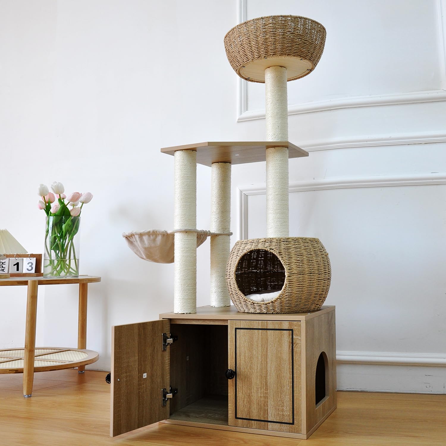 Rattan Cat Tree For Indoor Cats,Tall Cat Tree Tower With Cat Scratching Post,Wood Cat Tower For Indoor Cats,56.7 Inch Tall