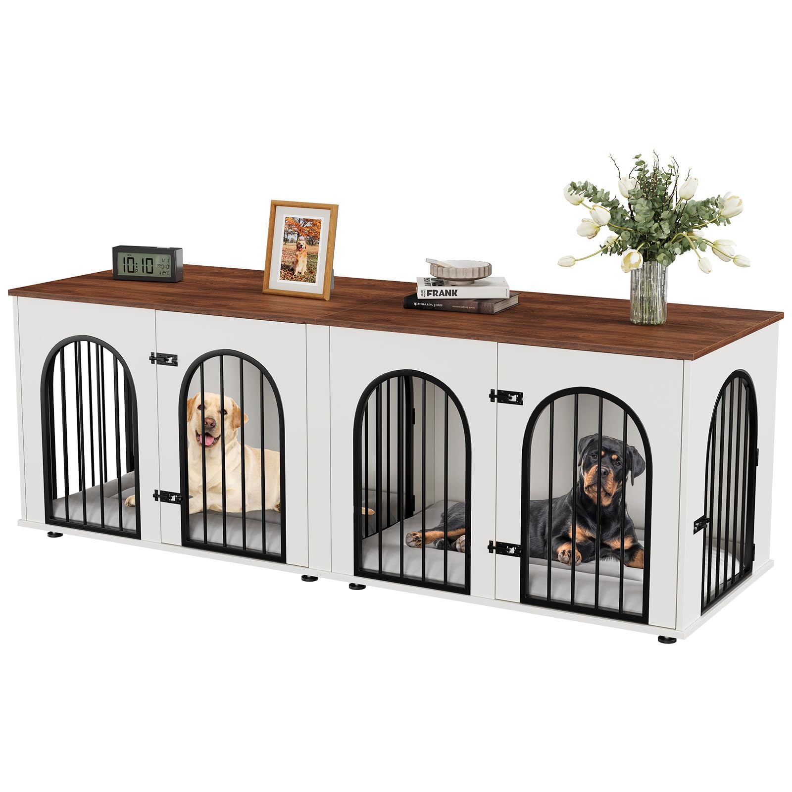 GarveeLife 71 Large Dog Crate Furniture for 2 Dogs, Wooden Double Dog Crate, Indoor Dog Kennel TV Stand with Divider and Cushion