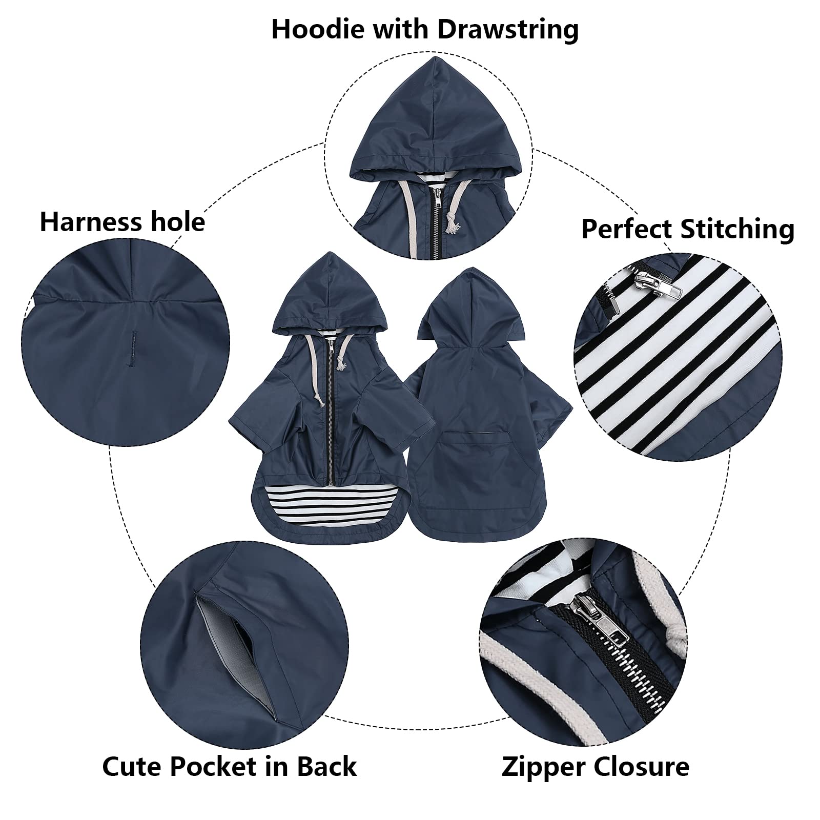 Dog Raincoat Waterproof Puppy Rain Jacket With Hood For Small Medium Dogs, Poncho With Reflective Strap, Storage Pocket And Harness Hole - Blue - S